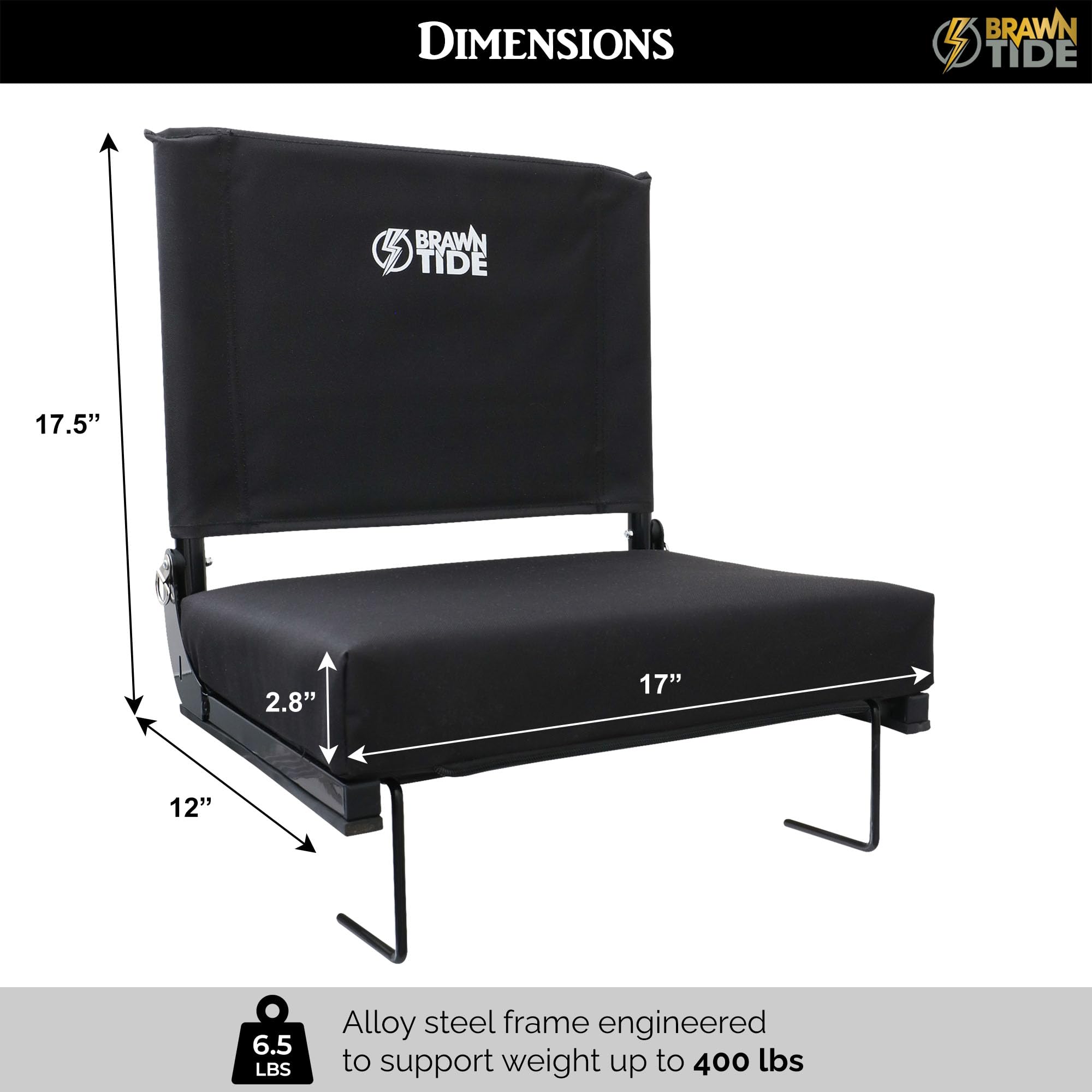 BRAWNTIDE Wide Stadium Seat with Extra Thick Cushion - Lightweight Folding Chair with Back Support & Storage Pockets - Perfect for Football Games, Concerts, Camping & Outdoor Events