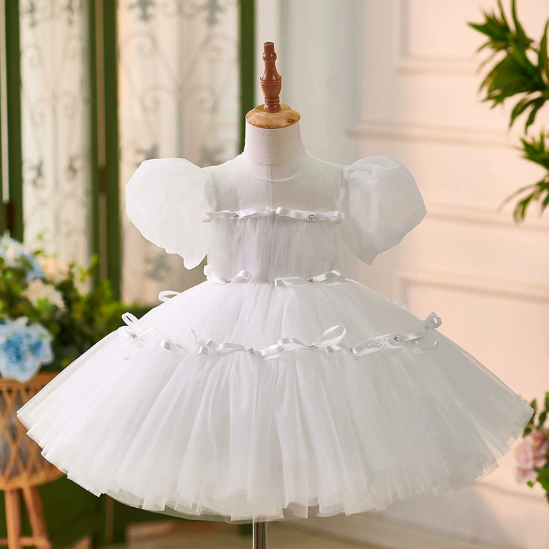Elegant White Puff Sleeve Flower Girl Dress for Baby - Toddler Christening Gown | Perfect for Weddings, Baptisms & Special Occasions