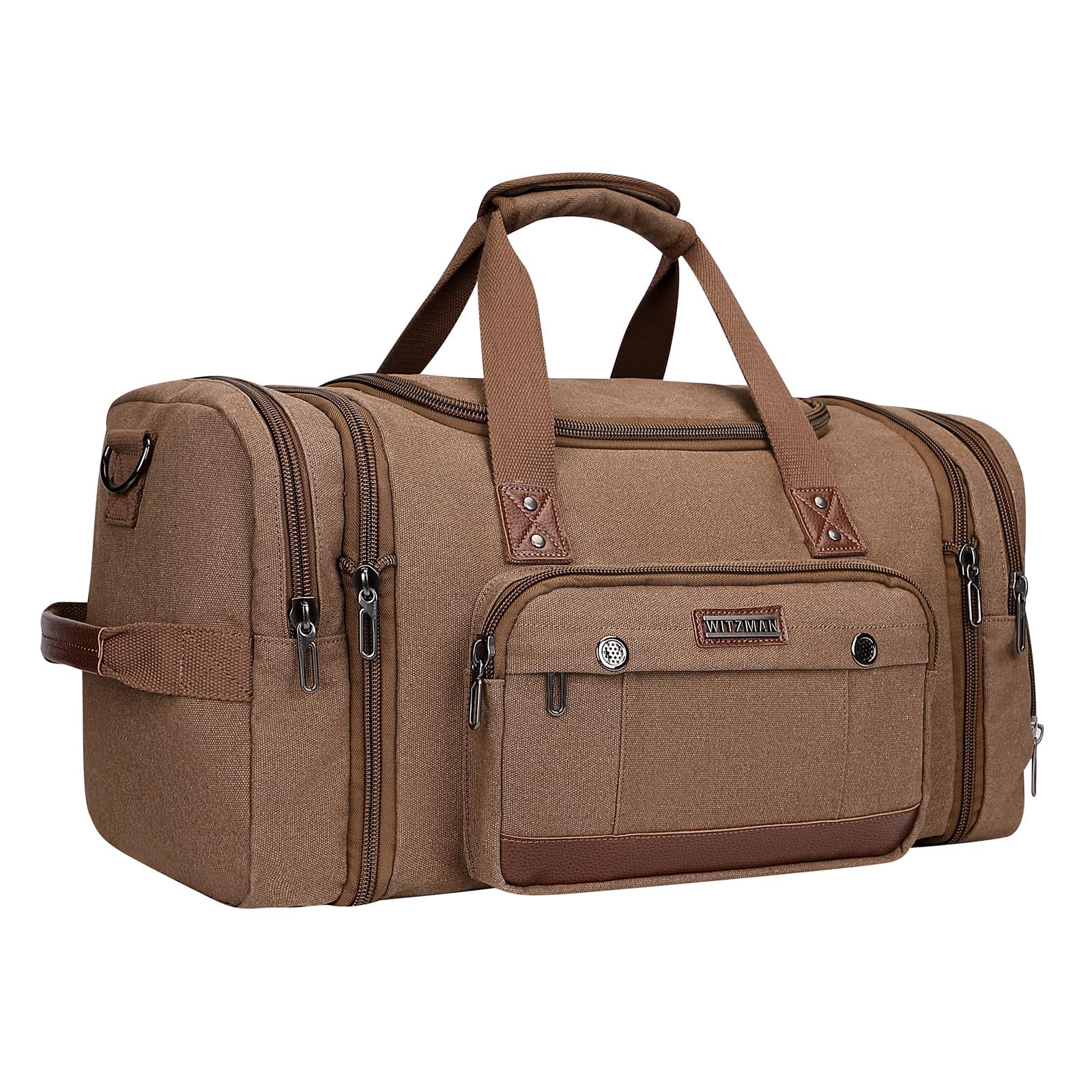 WITZMAN Men's Expandable Canvas Duffle Bag for Travel - Weekender Overnight Carry On Bag (A8007 Brown) - Perfect for Gym, Business Trips & Weekend Getaways