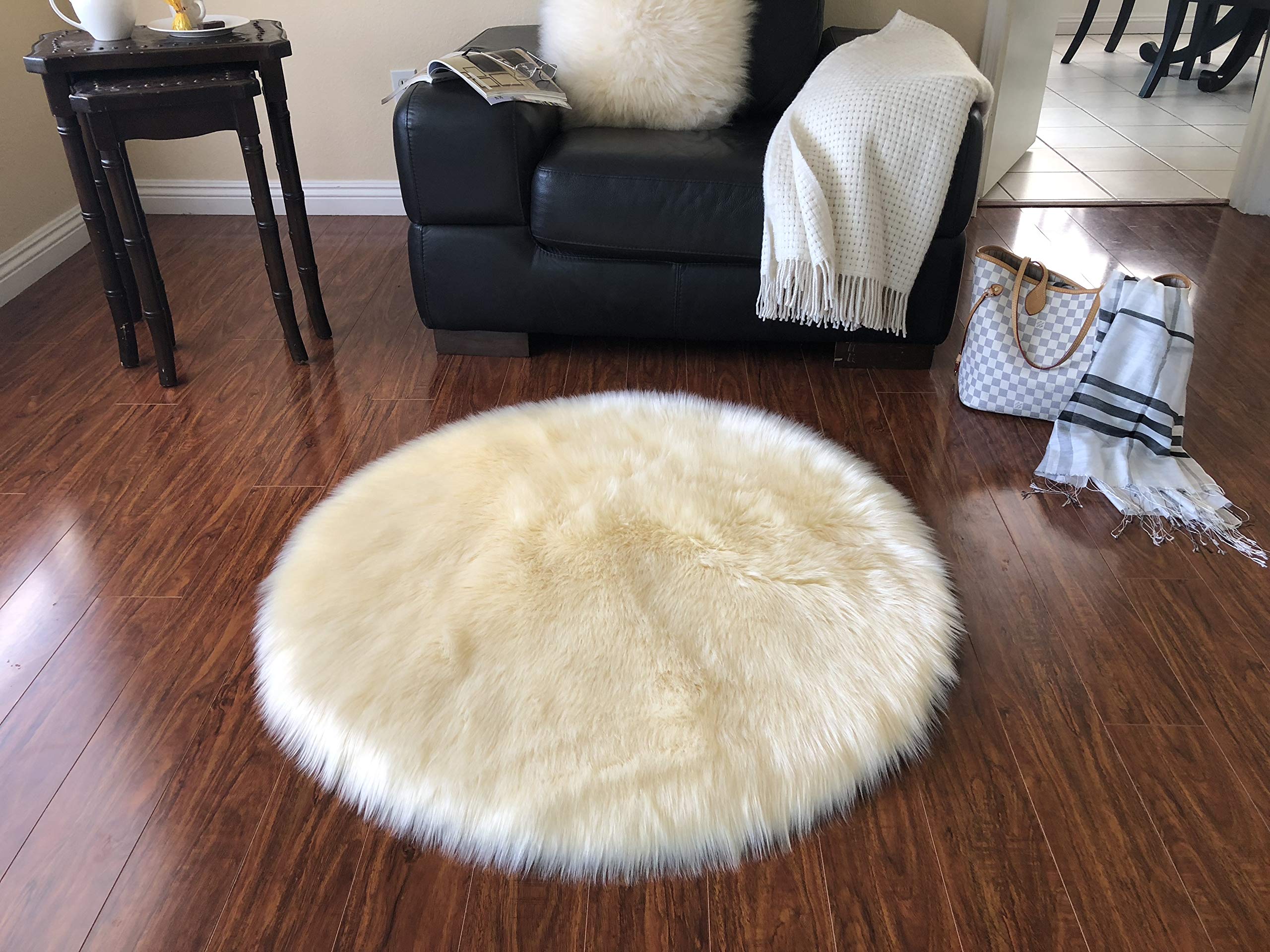 Luxury Faux Sheepskin Rug - Super Soft Hypoallergenic Plush Fur Carpet for Bedroom, Living Room, Nursery | Round Shaggy Silky Floor Mat (3.6ft/105cm, Cream) - Perfect for Cozy Home Decor, Kids Play Area & Sofa Accent