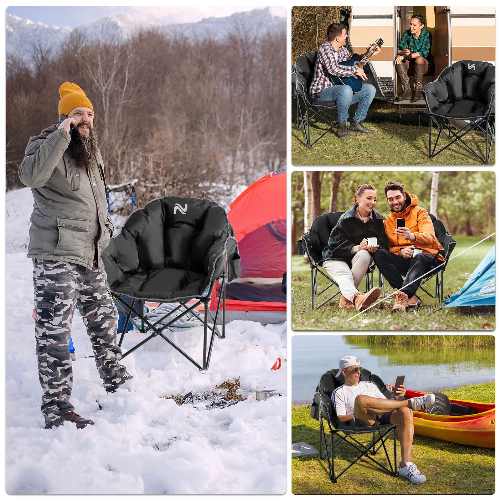 Oversized Heated Camping Chair with Padded Seat - Round Moon Saucer Folding Lawn Chair for Outdoor, Patio & Lounge - Portable Electric Heated Chair for Camping, Backyard & Tailgating - Perfect for Cold Weather Adventures & Relaxation