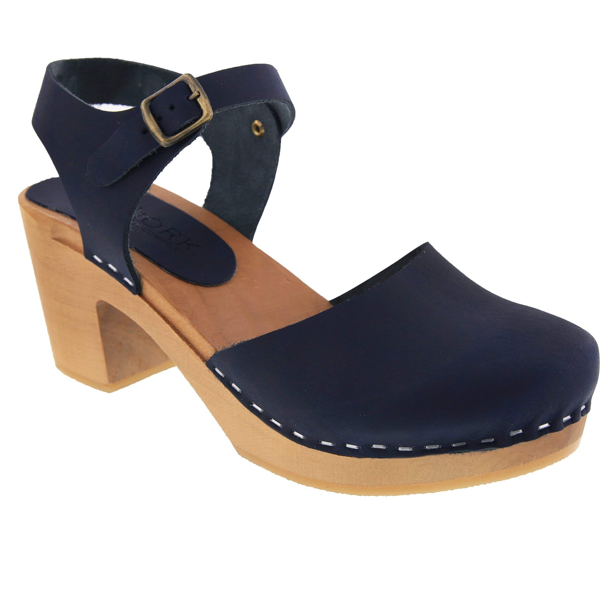Bjork Margareta Mid-Heel Wooden Swedish Clog Sandals for Women - Comfortable Summer Shoes for Walking, Gardening & Casual Outfits