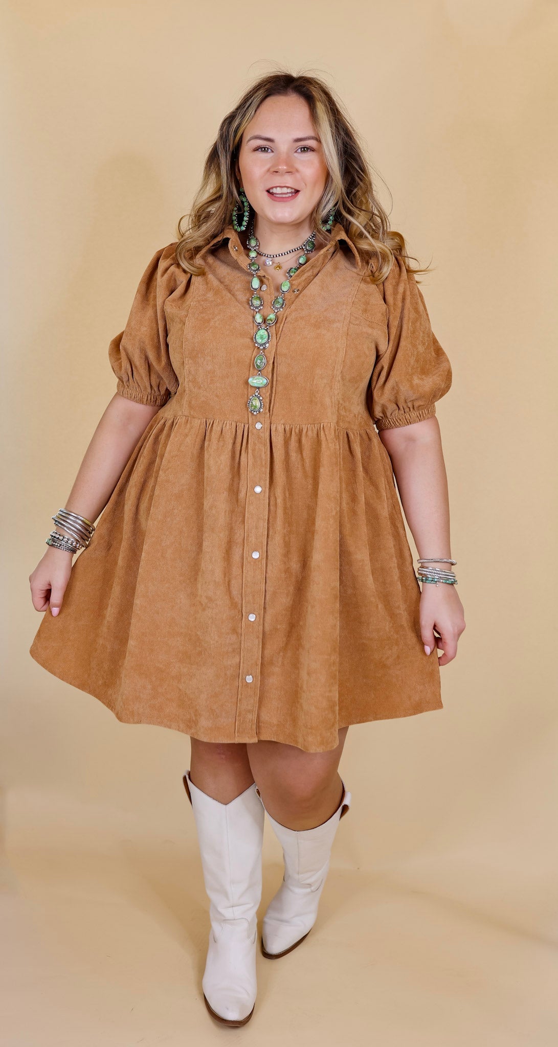 Adventures Ahead Women's Corduroy Babydoll Dress in Camel Brown - Casual Button Up Shirt Dress for Fall & Winter Outfits, Date Night, and Office Wear