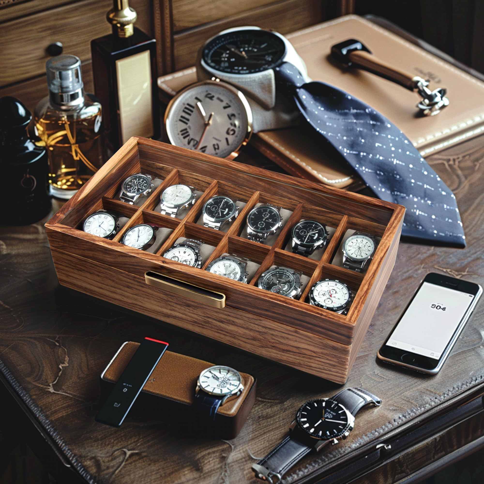 Premium Zebra Wood Watch Case for Men - 12-Slot Luxury Watch Box with Glass Lid & Soft Pillows | Watch Holder, Display Case & Organizer | Perfect Gift for Watch Collectors & Travel Storage Solution