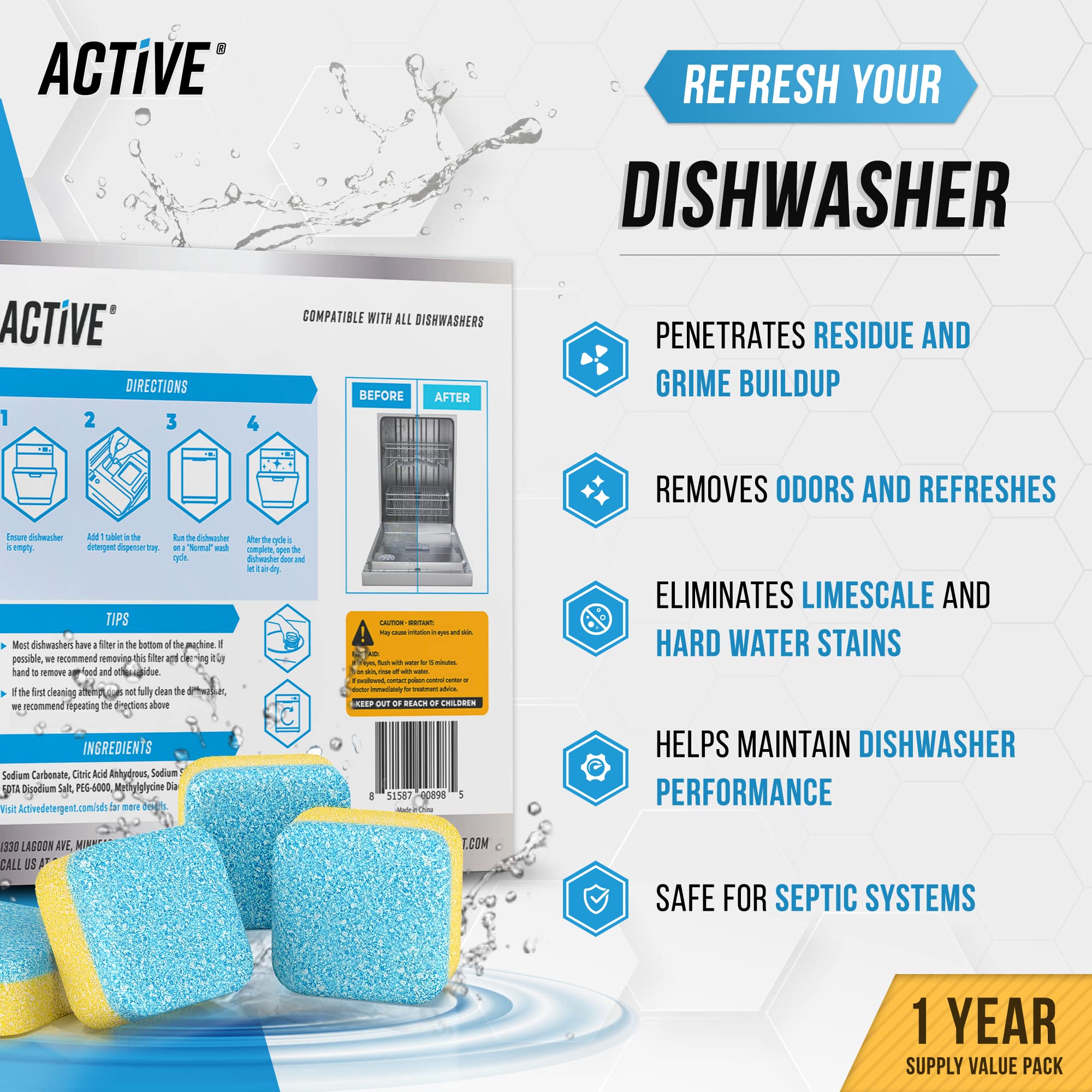 ACTIVE Coffee Maker Cleaner & Dishwasher Cleaner - 24ct Descaling Tablets for Coffee Machines + 24ct Dishwasher Cleaning Tablets | Deep Clean & Maintain Appliances for Fresh Coffee & Spotless Dishes