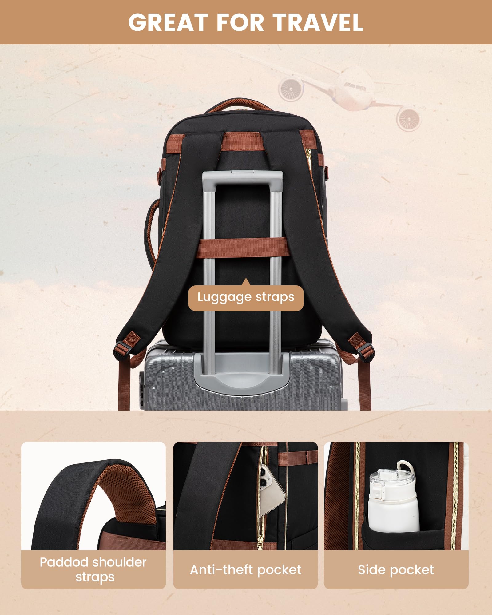 LOVEVOOK 40L Waterproof TSA Approved Travel Backpack for Women & Men - Flight Carry On Personal Item with 3 Packing Cubes - Perfect for Airplane Travel, Business Trips & Weekend Getaways
