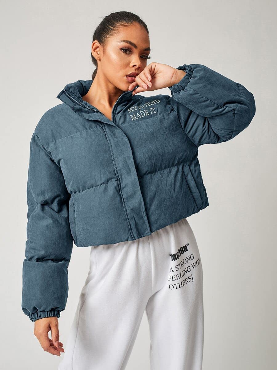 TINMIIR Women's Plus Size Slogan Embroidered Stand Collar Puffer Jacket - Dusty Blue, Size L | Warm Winter Coat for Outdoor Activities & Casual Wear