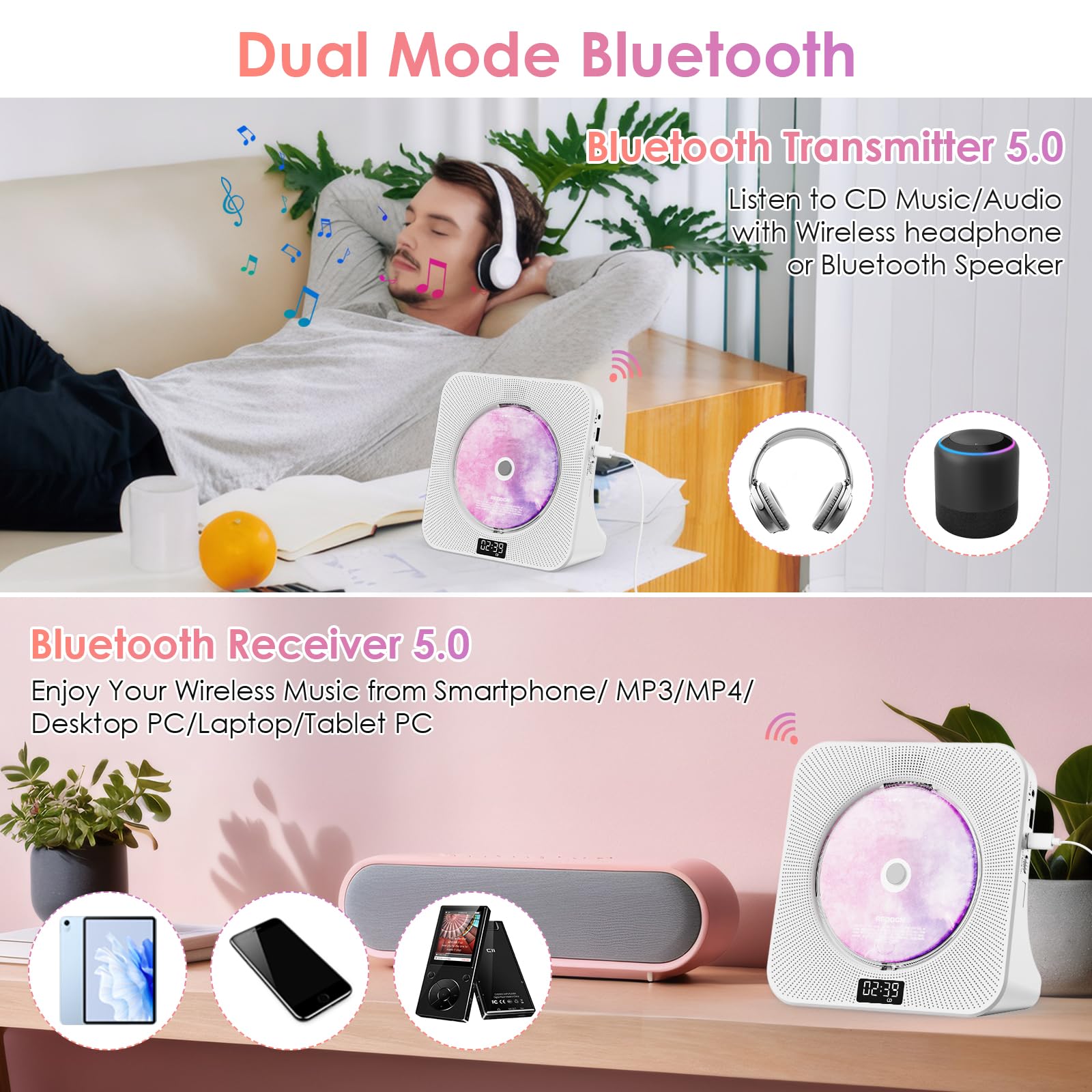Lvcdodvd Bluetooth 5.0 Mini CD Player with Hi-Fi Sound, Remote Control, LED Display, Dust Cover, FM Radio, USB, AUX – Perfect for Home, Office, and Small Spaces