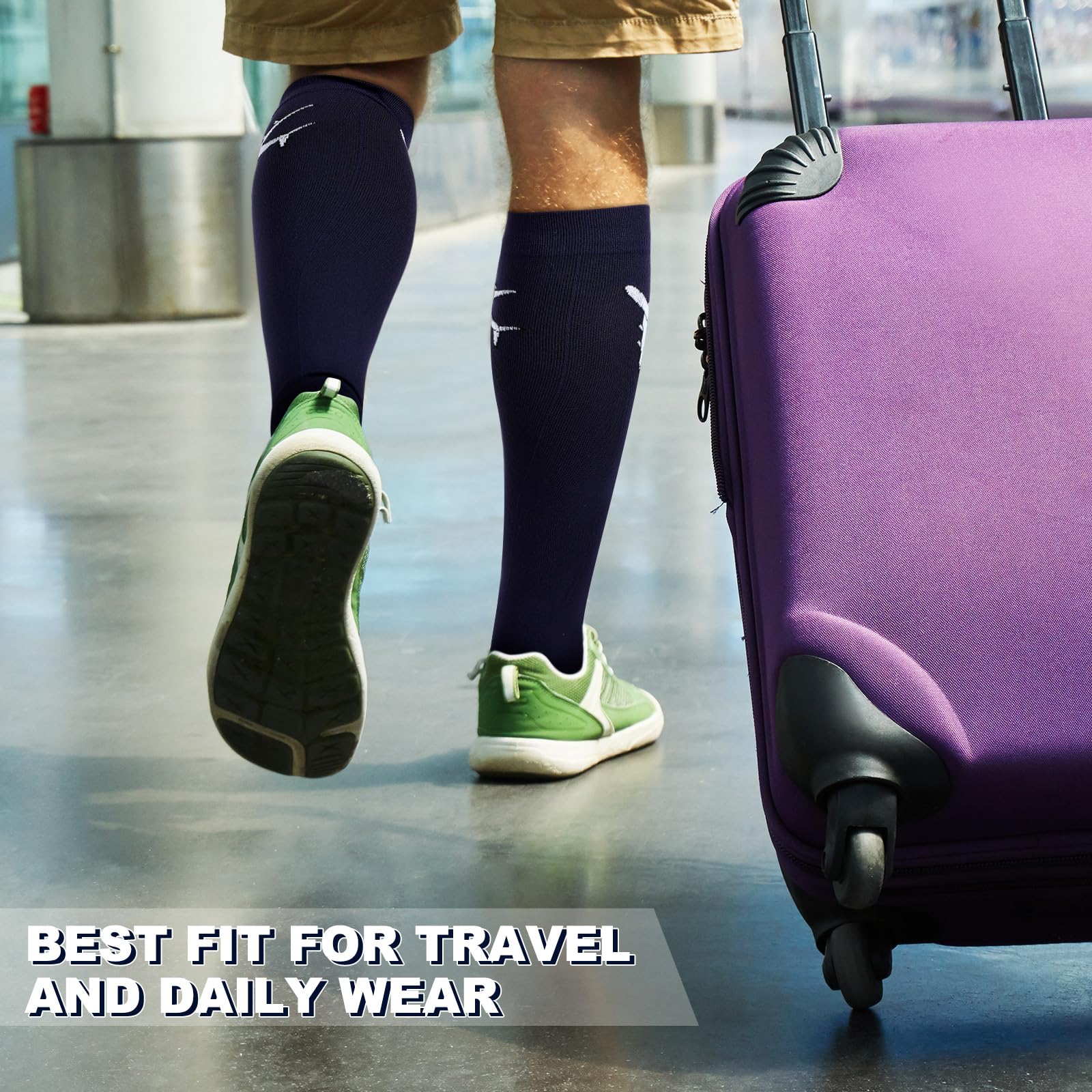 2 Pairs 15-25 mmHg Graduated Compression Socks for Men & Women - Knee High Travel Socks for Airplane Flights, Long Trips & Circulation Support - Perfect for Flying, Hiking & Work