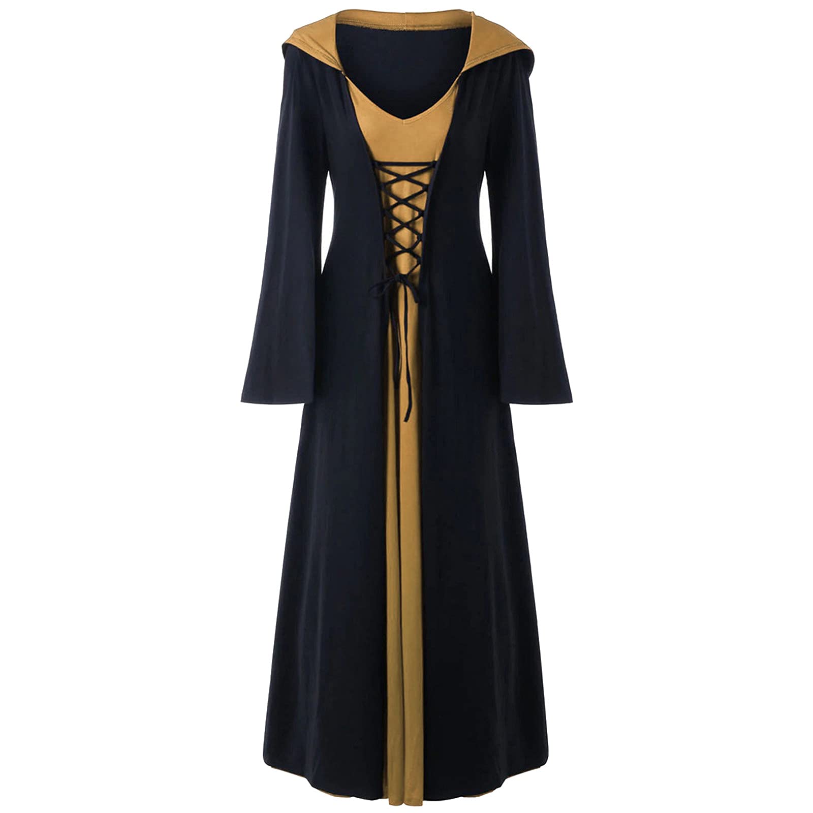 Elegant Plus Size Christmas Dresses for Women - Lace Up Hooded Long Sleeve Patchwork Maxi Dress for Holiday Parties & Festive Gatherings