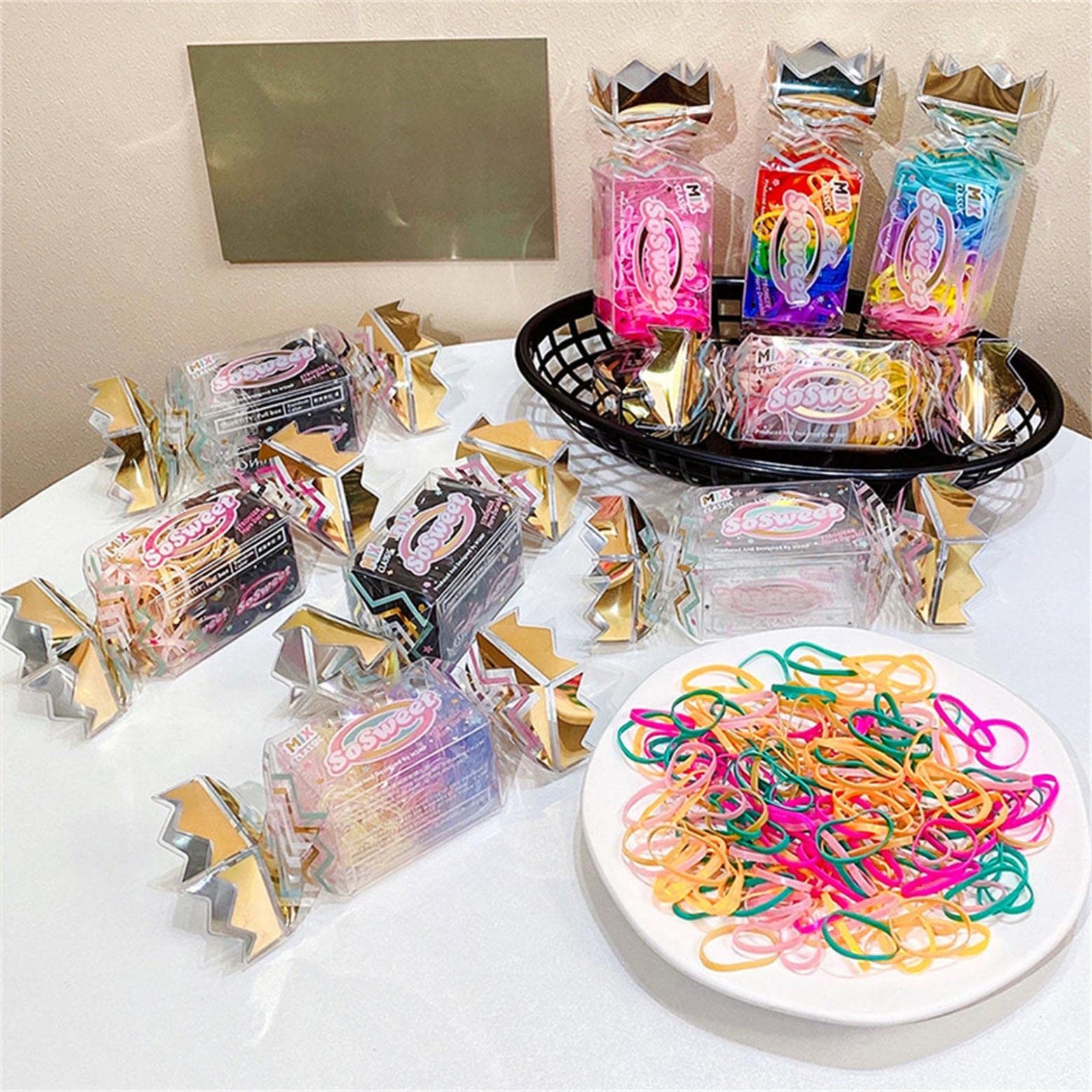 130Pcs Soft No Damage Elastic Hair Ties with Candy Box - Small Rubber Hair Bands for Women & Girls, Perfect for Ponytails, Braids & Everyday Hair Accessories - Great for School, Office & Gym Use