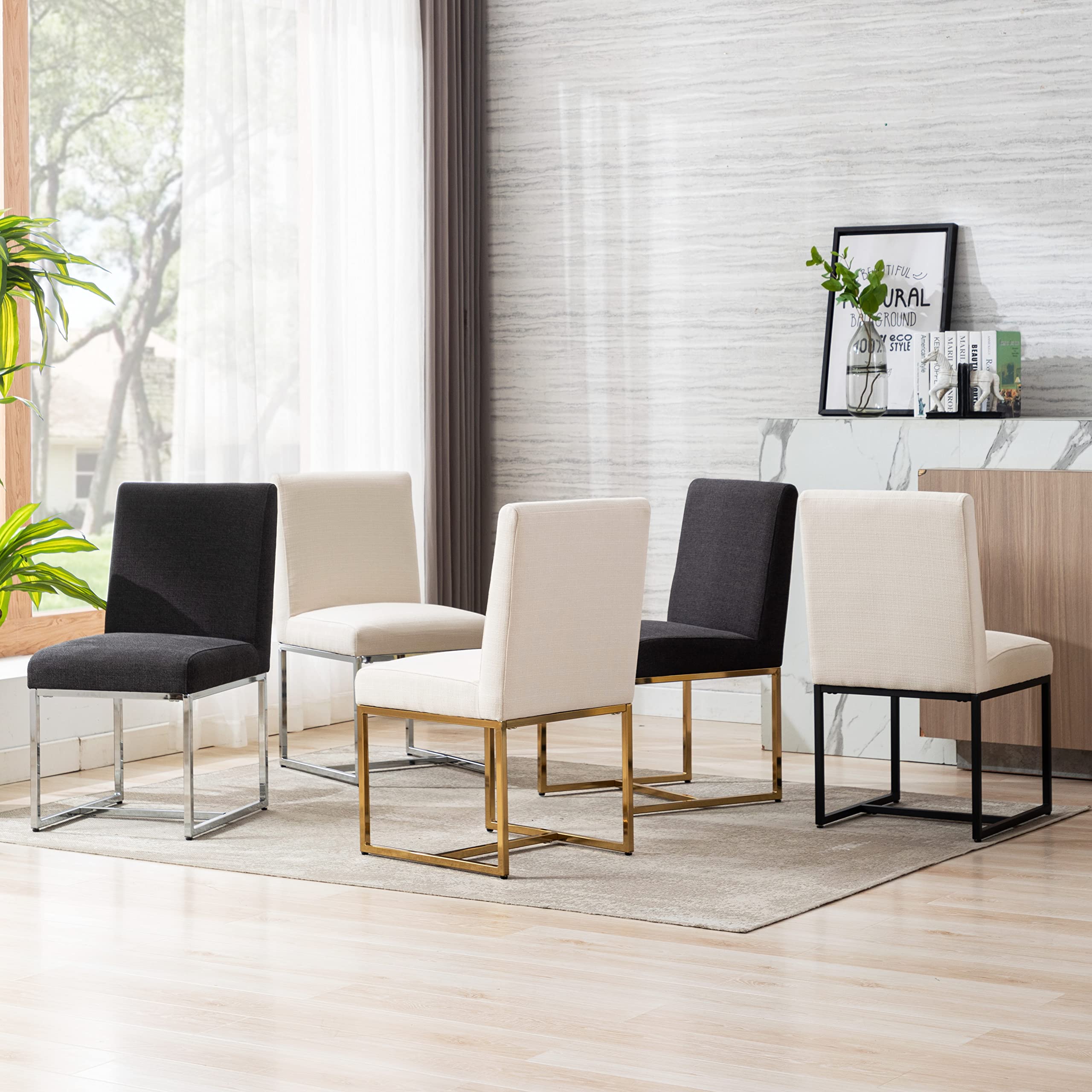 Modern Fabric Dining Chairs Set of 2 - Linen Upholstered Mid Century Kitchen Chairs with Golden Legs - Charcoal Gray Dining Room Chairs for Home, Restaurant & Cafe Decor