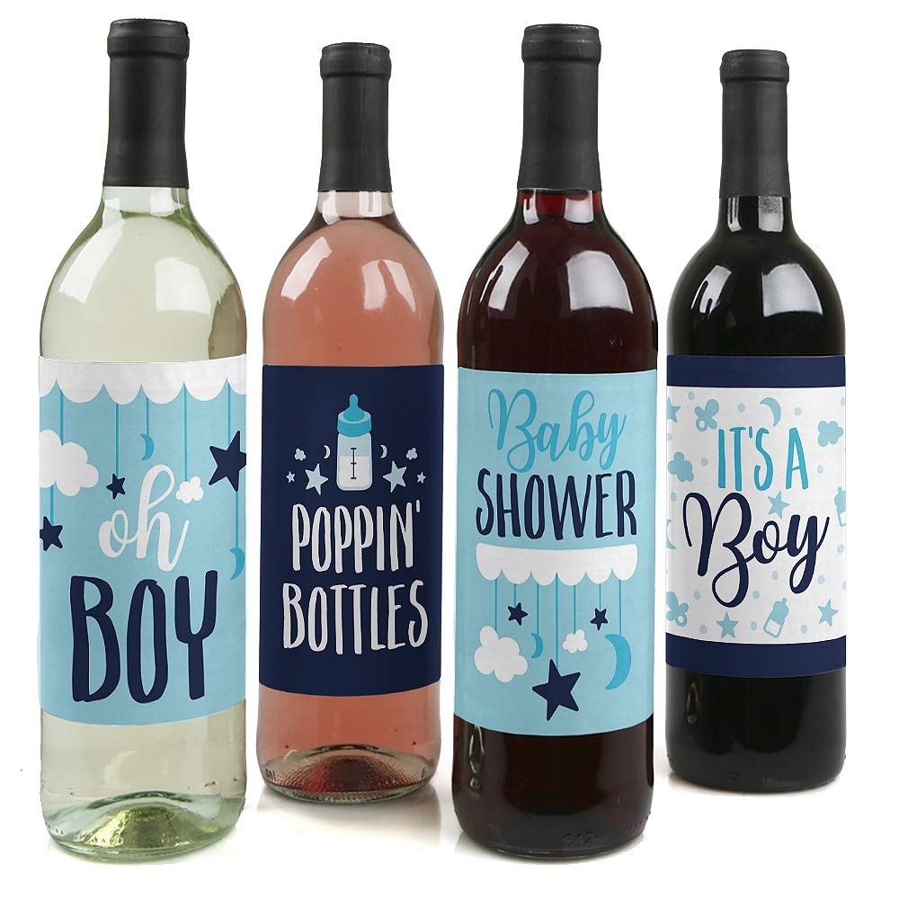 Big Dot of Happiness It's a Boy - Blue Baby Shower Decorations for Women and Men - Wine Bottle Label Stickers - Set of 4 - Perfect for Gender Reveal Parties, Newborn Celebrations & Nursery Decor