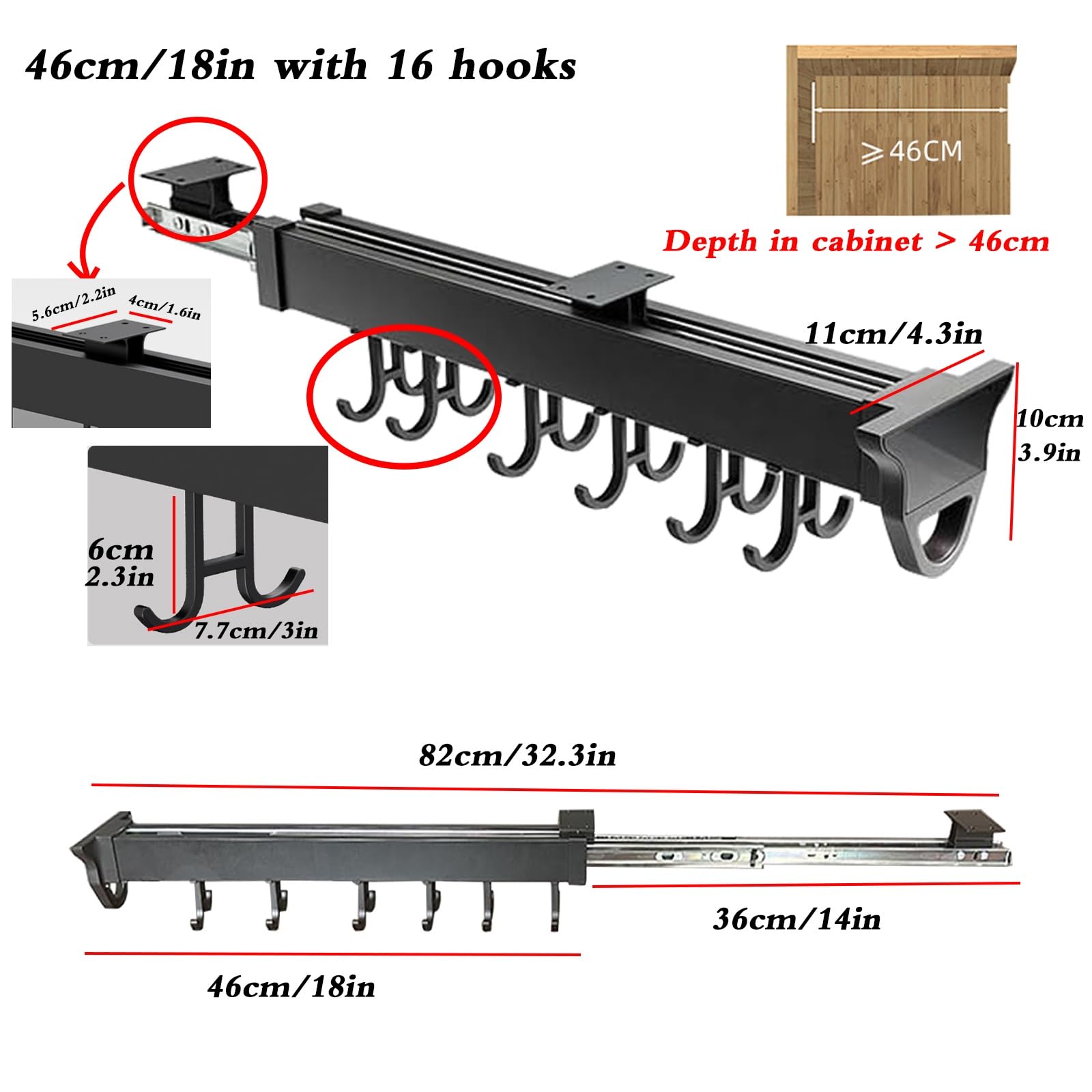 **Pull Out Pots and Pans Organizer for Kitchen Cabinets - Heavy Duty Hanging Sliding Utensil Holder with Double Row Hooks, 30kg/66lbs Capacity (46cm/18.11in) - Perfect for Pantry, Spice Rack & Cooking Tool Storage**