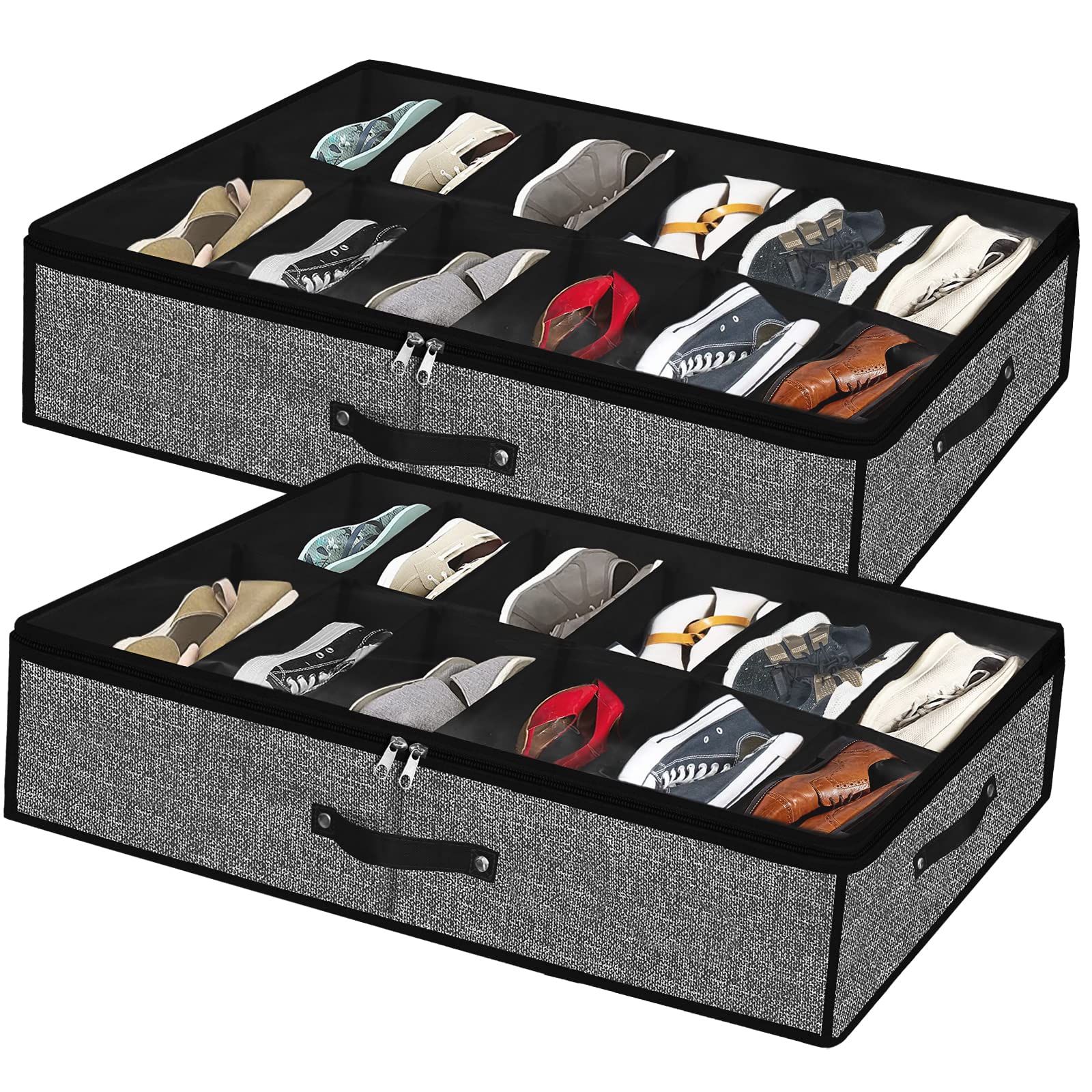 Under Bed Shoe Storage Organizer 2 Pack - Fits 24 Pairs, Foldable Shoe Rack with Clear Window & Sturdy Handles, Space-Saving Closet Organizer for Sneakers, Boots & Sandals - Perfect for Bedroom, Dorm & Small Spaces