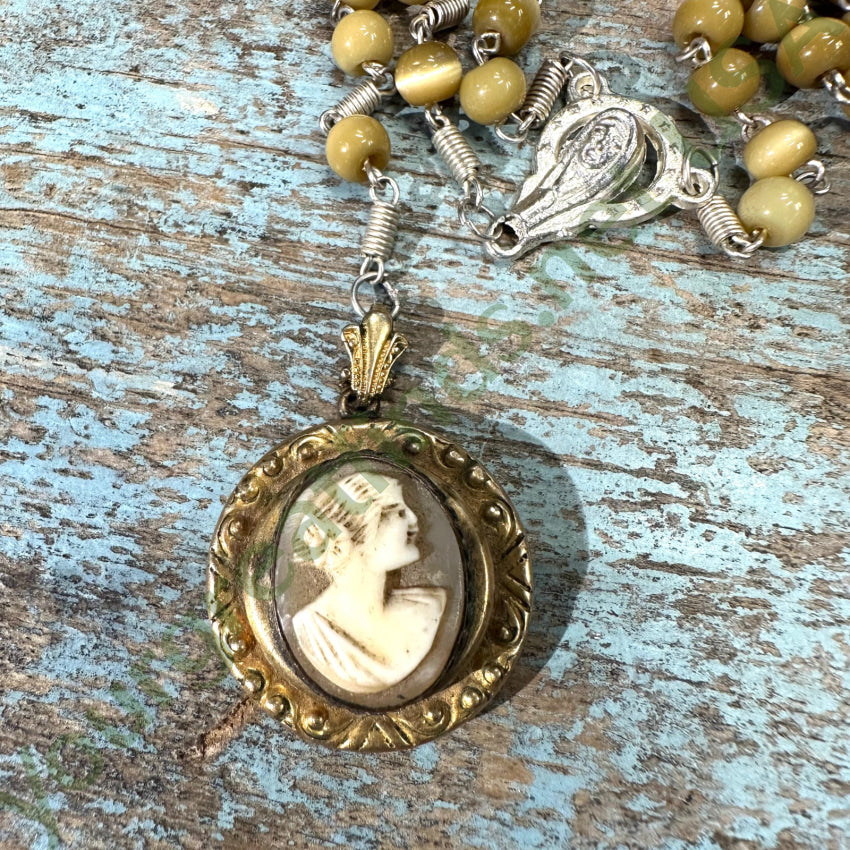 Vintage Beaded Carved Shell Cameo Rosary Necklace - Elegant Religious Jewelry for Women, Perfect for Church, Weddings & Special Occasions