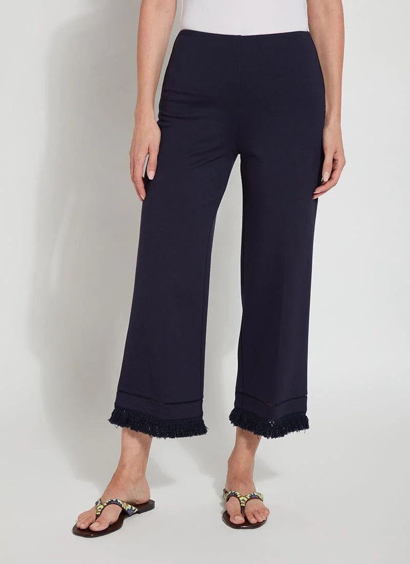Cropped Coastal Wide Leg Pants for Women - True Navy - Comfortable High Waisted Beach Pants for Summer Vacation & Casual Outings