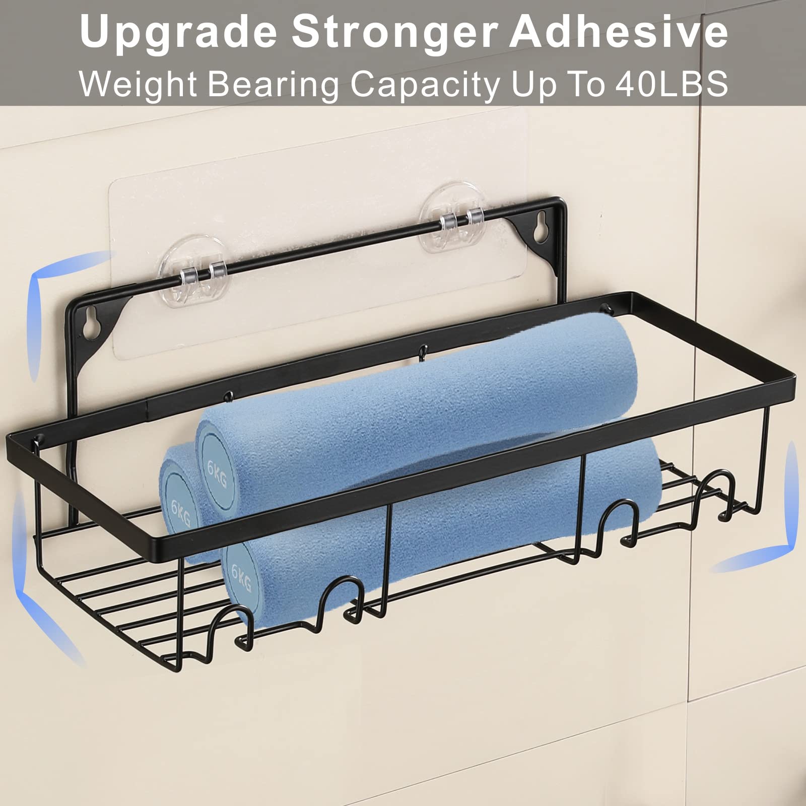 Adhesive Shower Caddy Organizer - Wall Mount Bathroom Storage Shelf with 2 Soap Dishes, Rustproof Shower Basket for Shampoo, Conditioner & Body Wash - Perfect for Small Showers & Apartment Bathrooms (Black)