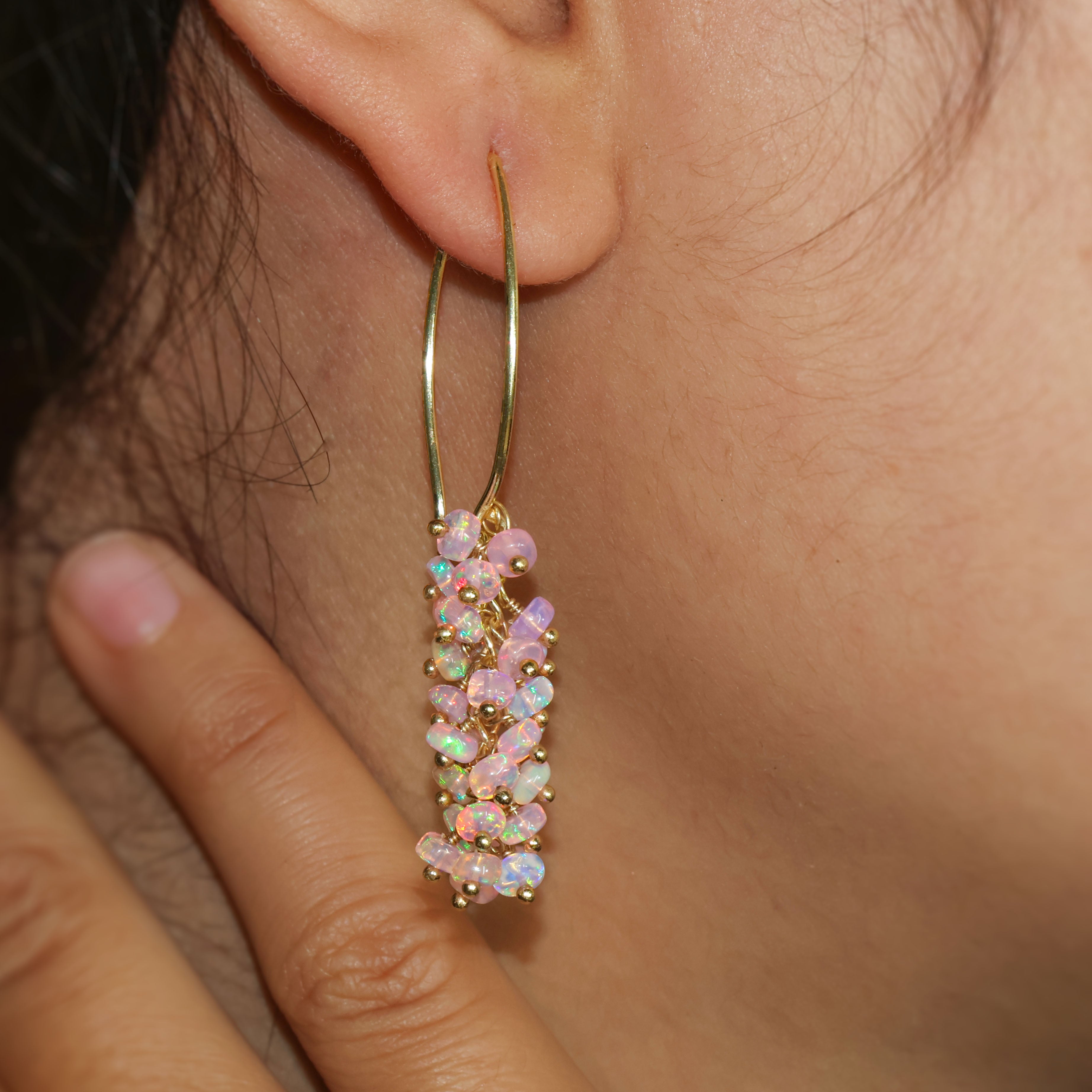Natural Pink Opal French Hook Beaded Cluster Earrings for Women - Boho Chic Dangle Earrings for Party, Wedding & Everyday Wear