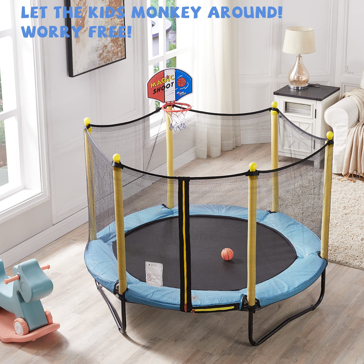 **5FT Kids Trampoline with Safety Enclosure Net & Basketball Hoop - Indoor/Outdoor Recreational Trampoline for Toddlers, Birthday & Christmas Gift for Boys & Girls - Perfect for Backyard Play, Exercise & Family Fun**