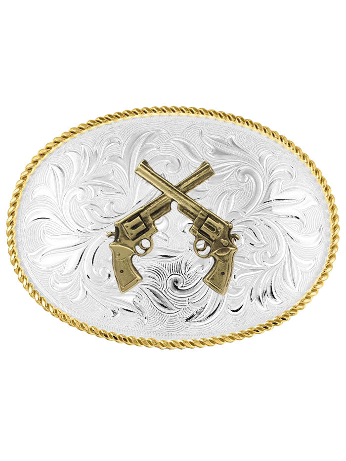 Montana Silversmiths 1256 878 Crossed Pistols Western Buckle - Genuine Silver Cowboy Belt Buckle for Western Wear & Rodeo Events