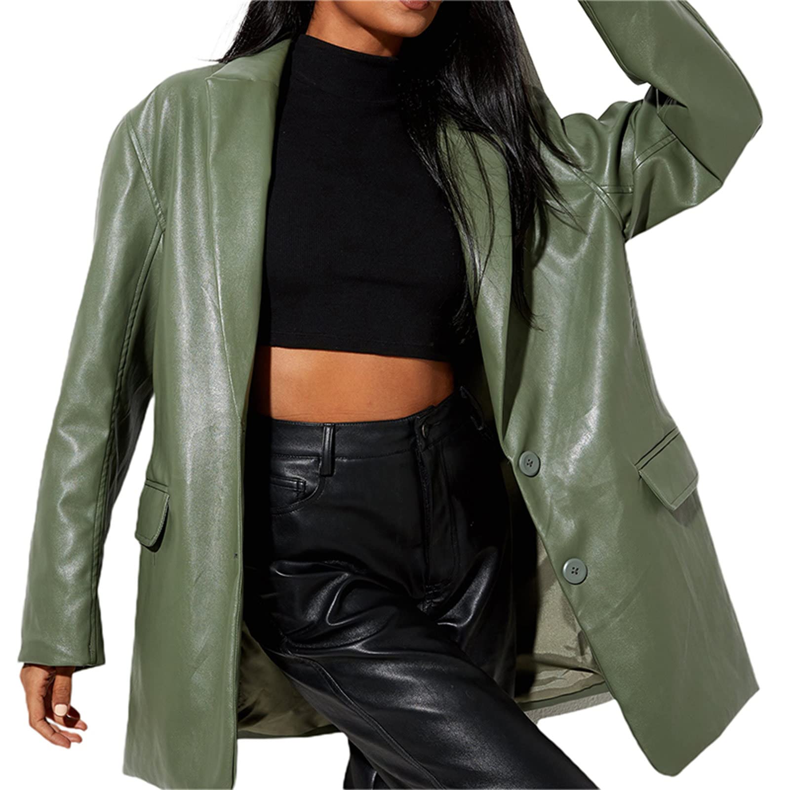 Stylish Women's Faux Leather Jacket - Solid Color Tailored Collar Long Sleeve Blazer - Single-Breasted Coat for Office & Casual Wear