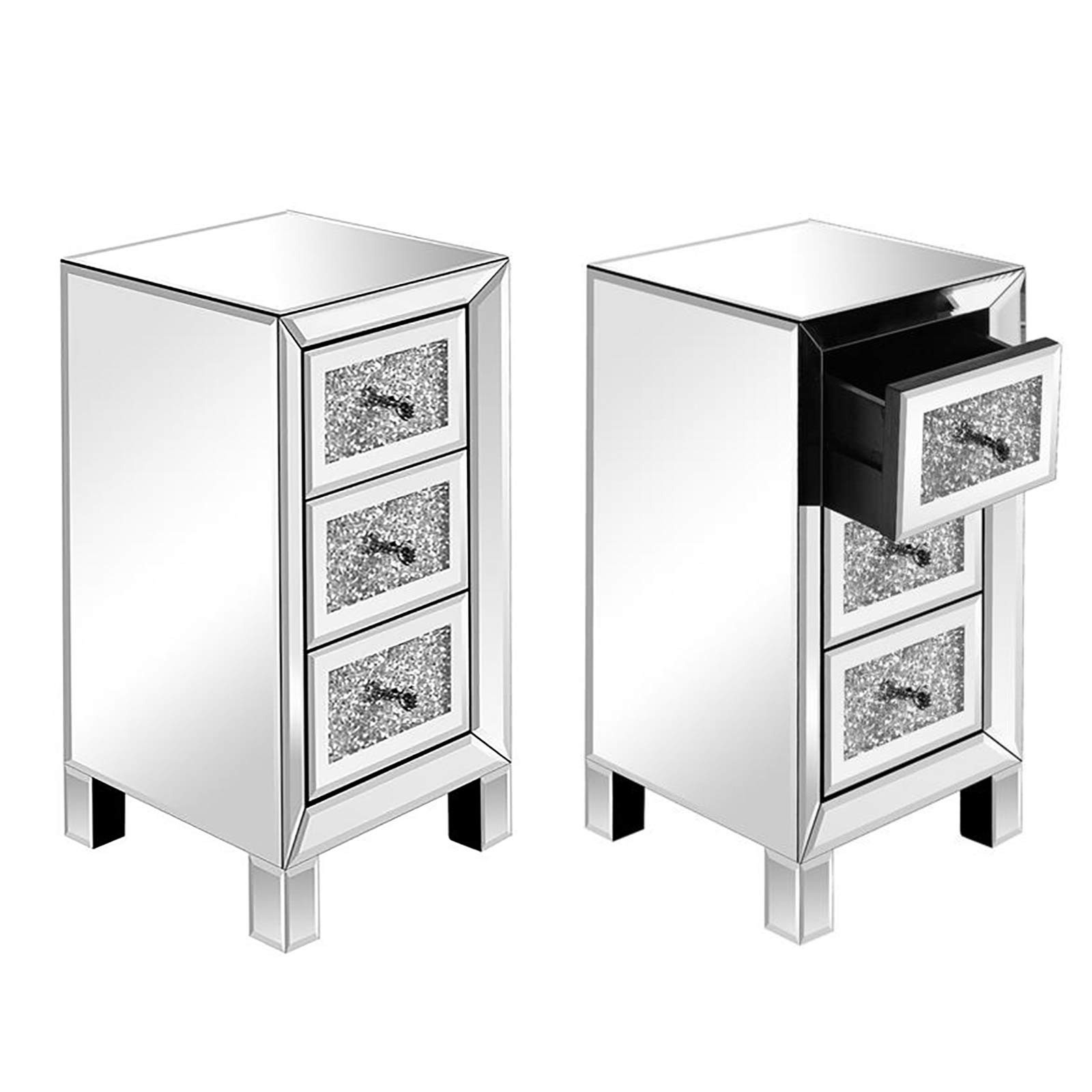 Mirrored Nightstand Set of 2 - Silver Finish Bedside Table with 3 Crushed Crystal Drawers, Elegant Accent Cabinet for Bedroom & Living Room - Perfect for Storing Jewelry, Books & Bedroom Essentials