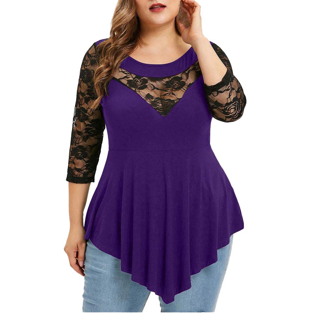 Plus Size Women's Summer Tops - Floral Lace Blouse with 3/4 Sleeves & Round Neck | Casual Solid Color Tops for Everyday Wear | Perfect for Office, Dating & Vacation Outfits