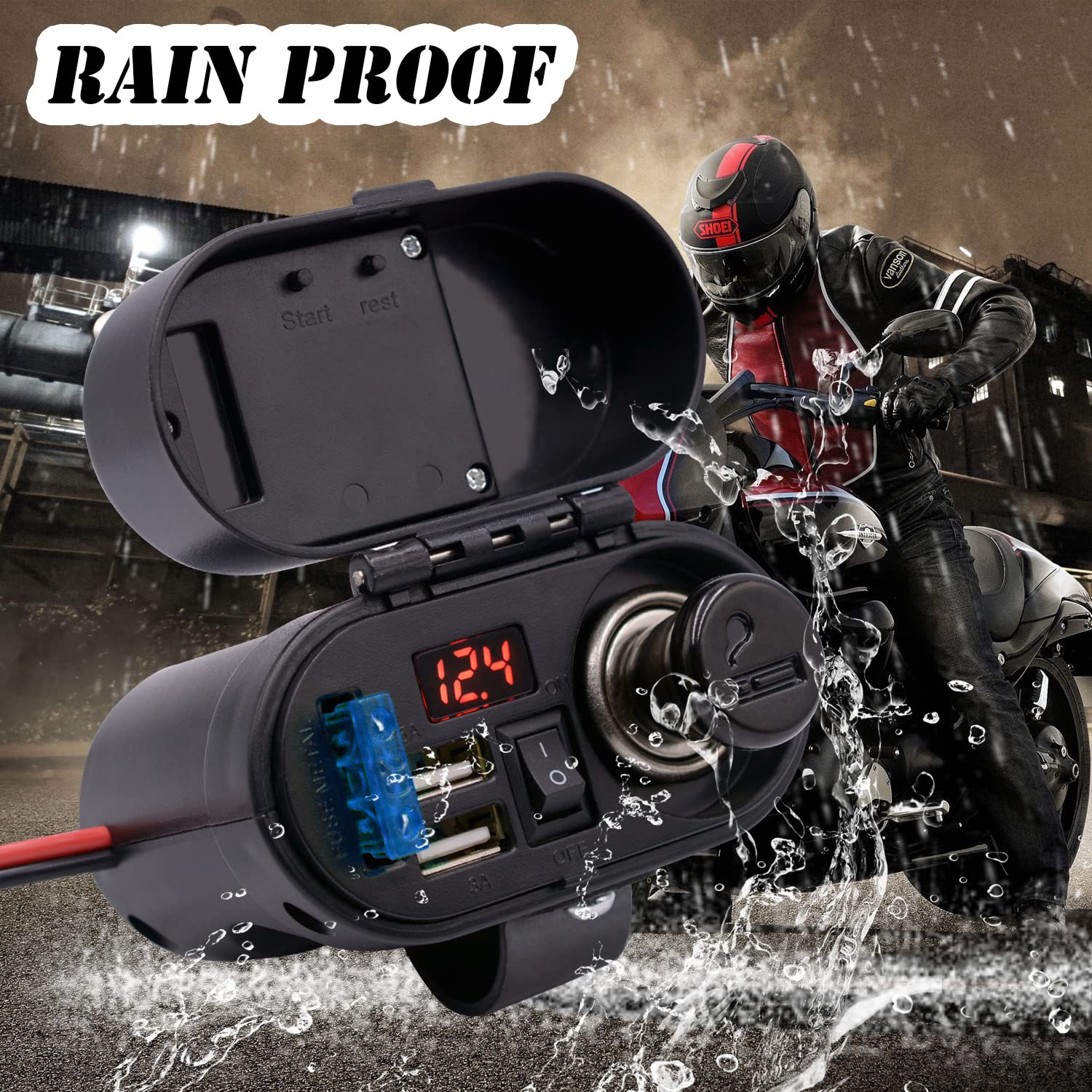 5V/3A Dual USB Charger Socket - Waterproof Motorcycle Handlebar & Rear View Mirror Mount - Cigarette Lighter Power Adapter with Voltmeter - Compatible with Phones, Tablets, GPS (Black) - Perfect for Long Rides & Outdoor Adventures