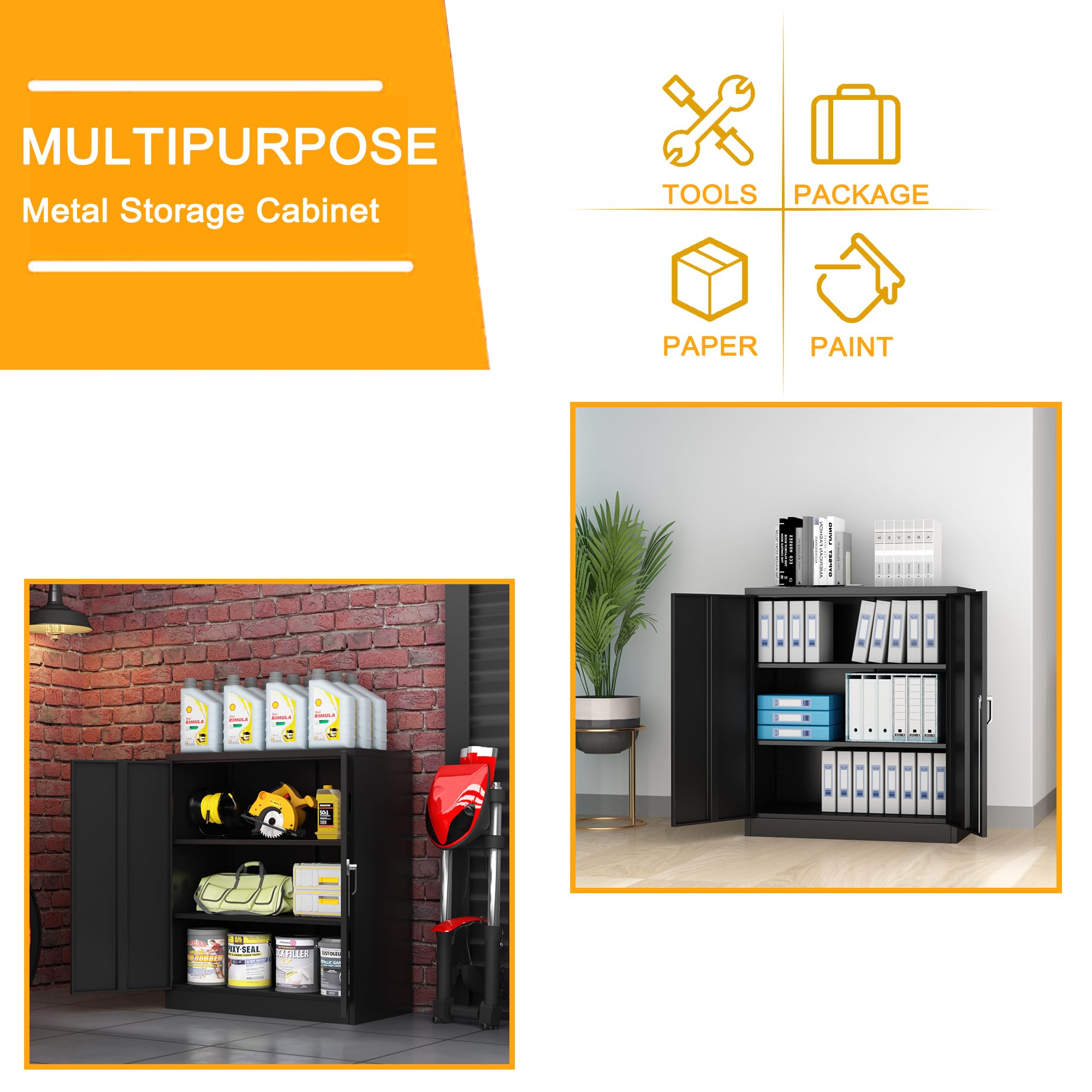 Lockable Metal Office File Cabinet with 2 Adjustable Shelves - Black Garage Storage Cabinet with Locking Door - Small Tool Cabinet (41.6''H×36''W×18''D) - Perfect for Home Office, Garage Organization & Secure Document Storage - Assembly Required