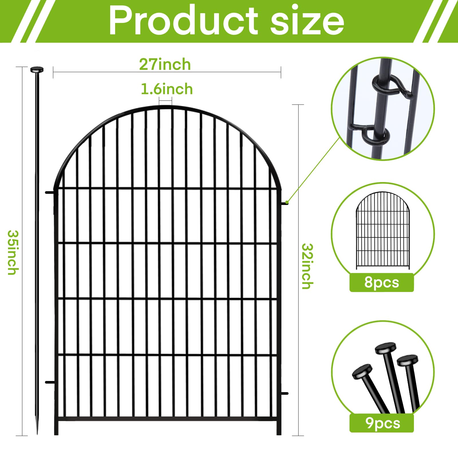ADAVIN 32 Inch Tall x 17.5 Ft Long Rustproof Metal Garden Fence with Gate - 8 Panel No Dig Pet Barrier for Dogs, Rabbits & Small Animals - Black Outdoor Flower Edging Fencing for Yard, Garden & Landscape Protection