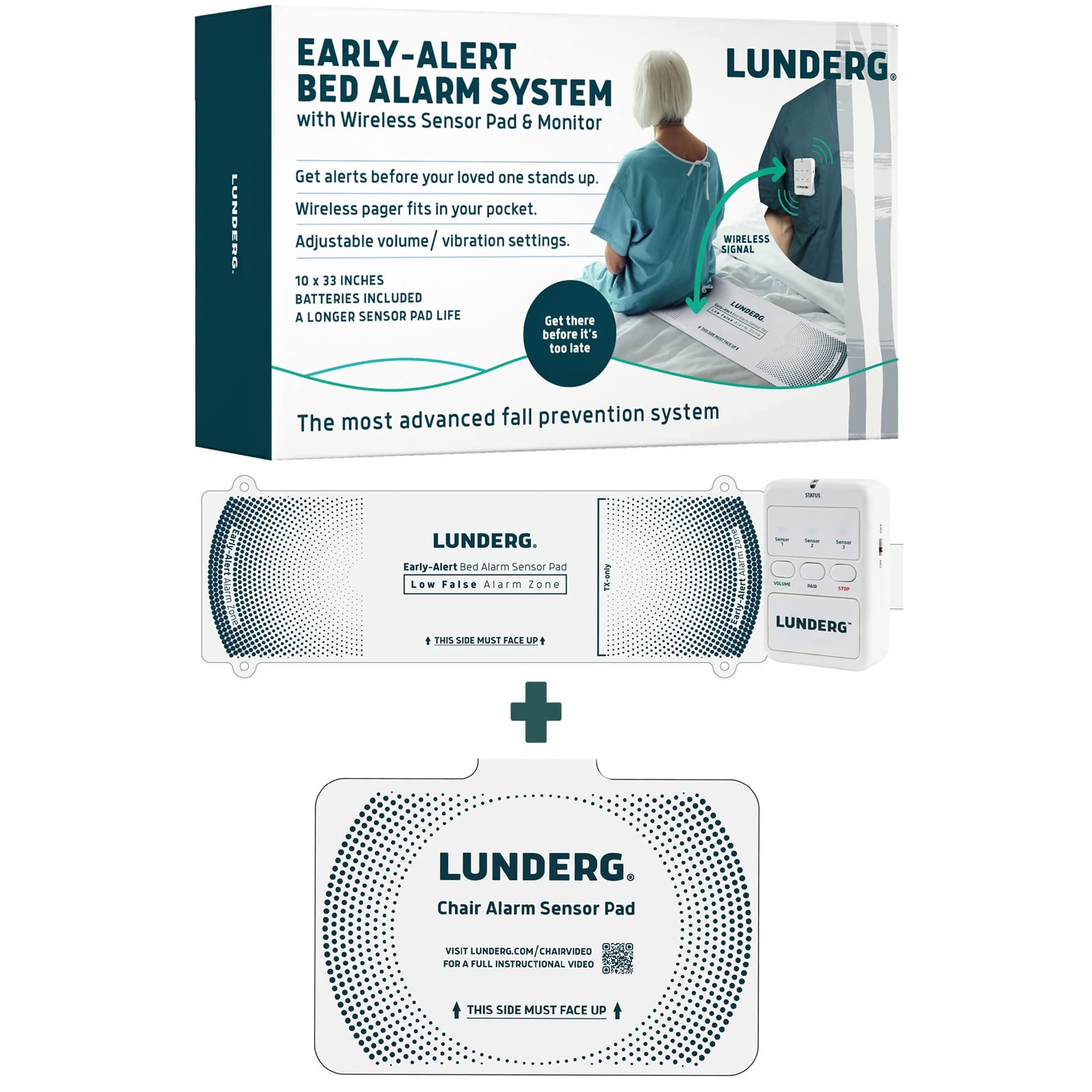 Lunderg Early Alert Bed Alarm System with Extra Chair Alarm Pad & 1 Pager - Smart Fall Prevention Monitoring Kit for Elderly & Dementia Patients - Ideal for Nursing Homes, Assisted Living & Home Care Safety
