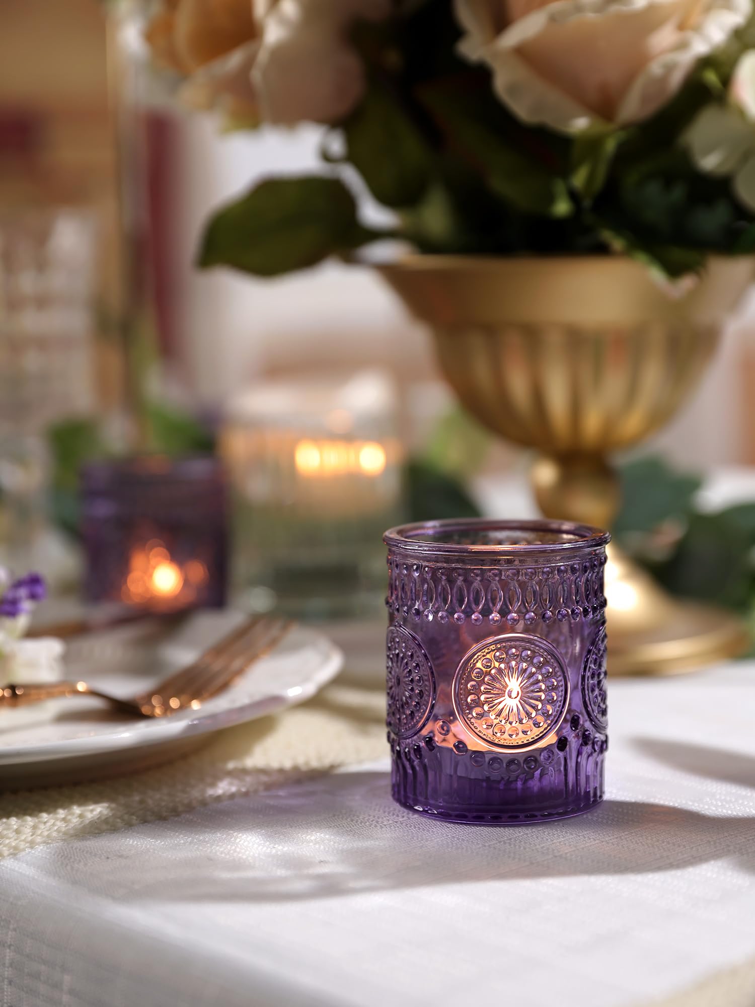 24-Piece Purple Glass Votive Candle Holders Set - Elegant Tea Light Candle Holders for Wedding, Baby Shower & Boho Party Decorations - Perfect Table Centerpieces & Unique Purple Gifts for Women - Ideal for Romantic Dinners, Spa Nights and Home Decor