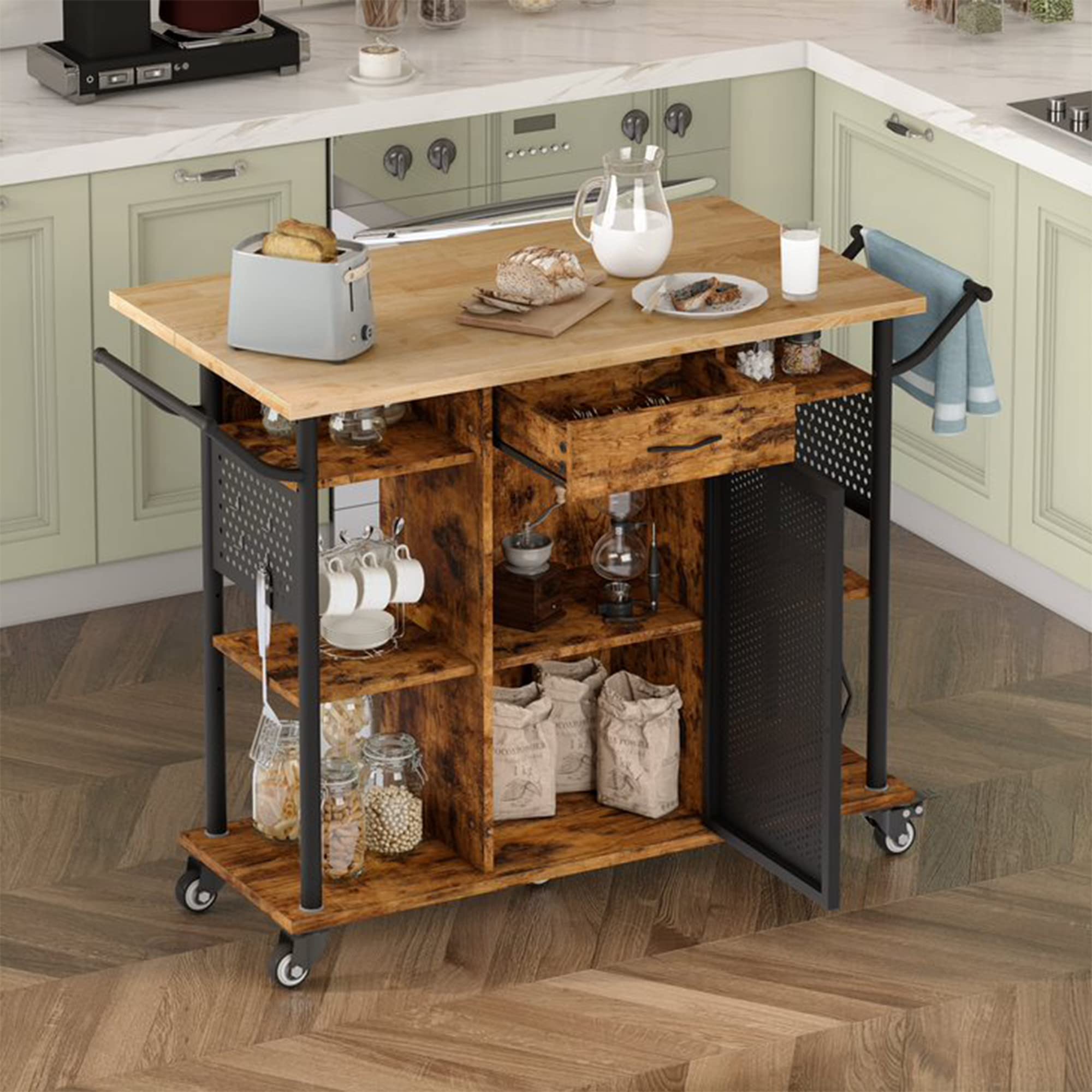 Bestier 6-Tier Rolling Kitchen Cart with Collapsible Extender - Storage Cabinet, Drawer & Side Handles - Mobile Utility Cart for Small Spaces - Perfect for Kitchen, Bathroom, Office or Dorm Organization (Brown)