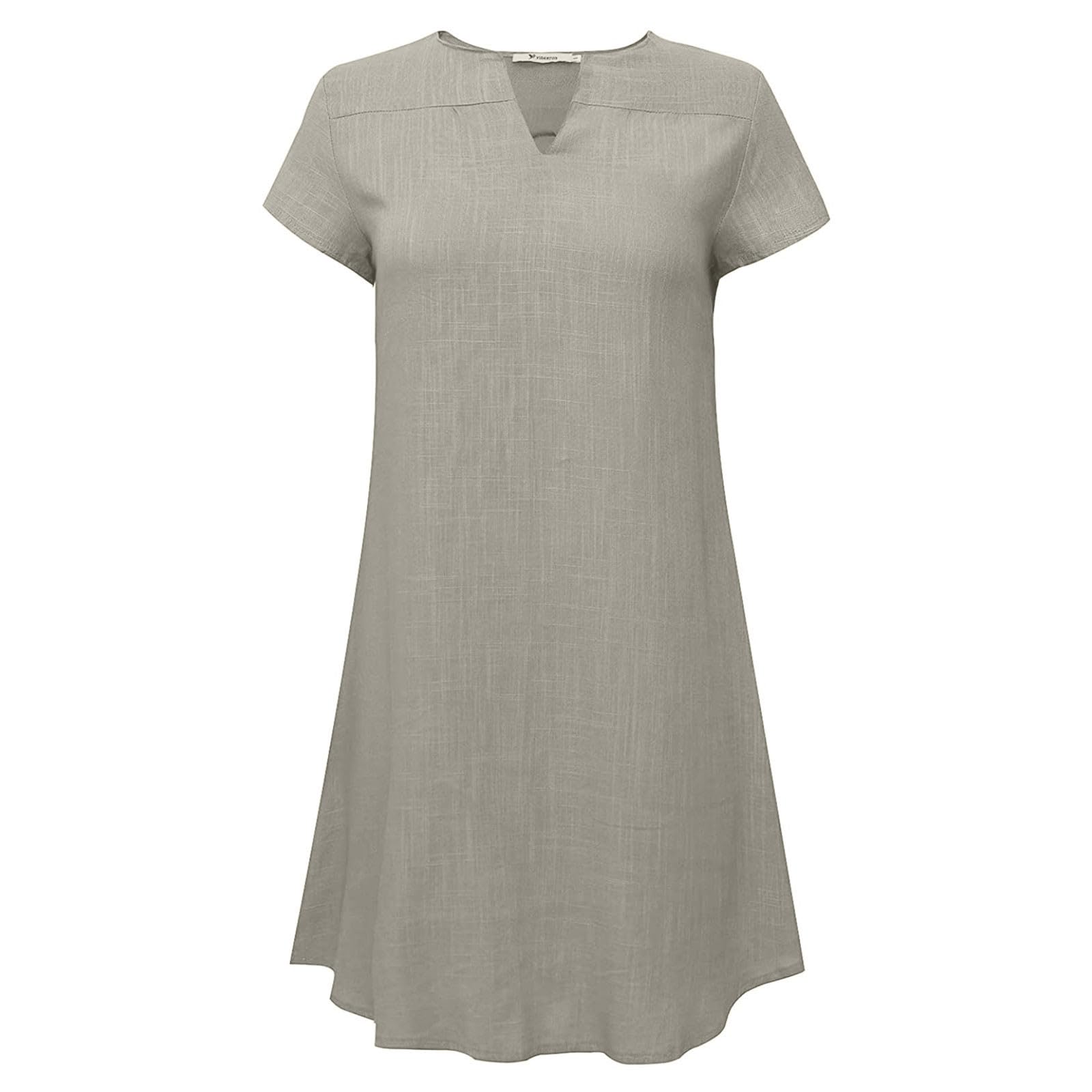 Women's Cotton Linen V-Neck Short Sleeve Tunic Sundress - Lightweight Soft Mini Dress for Summer, Beach, Vacation & Casual Wear