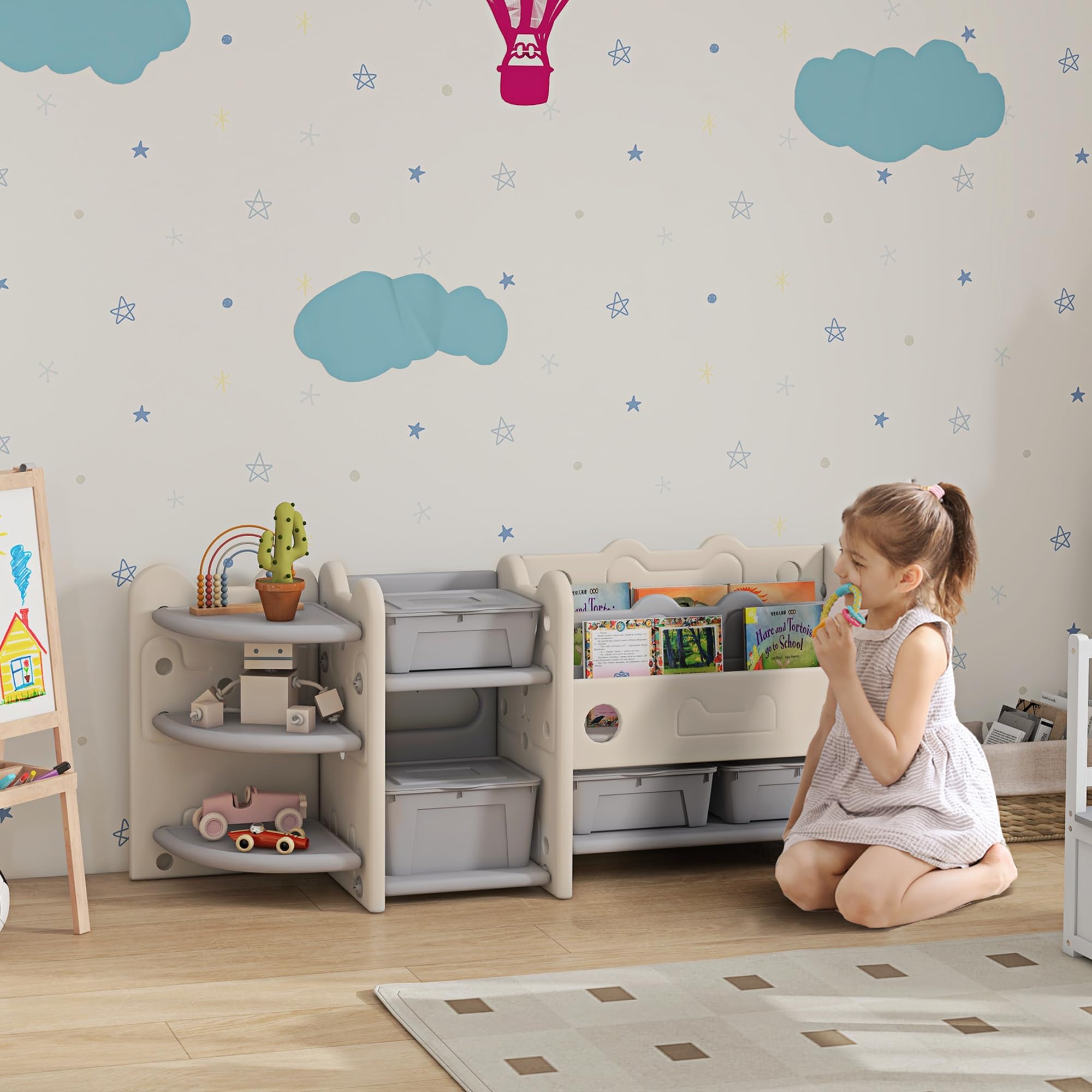 Qaba 4-Bin Toy Storage Organizer with Bookshelves & Racks - Kids Room, Nursery & Playroom Organization - Cream White Toy Box for Easy Cleanup & Child Development