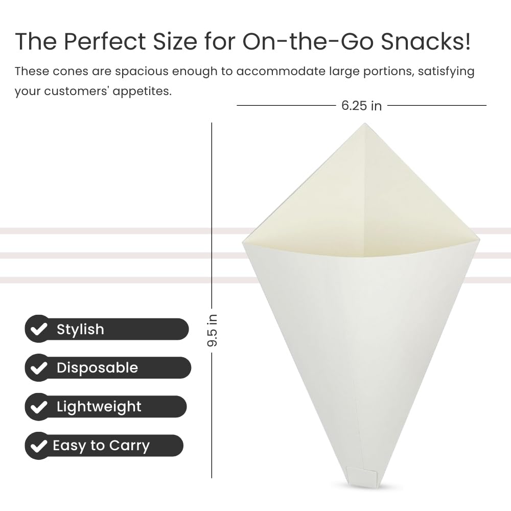 Hong Kong Egg Waffle Cones [Pack of 100] – White, Food Safe Heavy Duty Cardboard, Disposable Dessert Cones for Waffles, Funnel Cakes, Ice Cream & Snacks | Perfect for Street Food Vendors, Takeaway Packaging & Party Serving