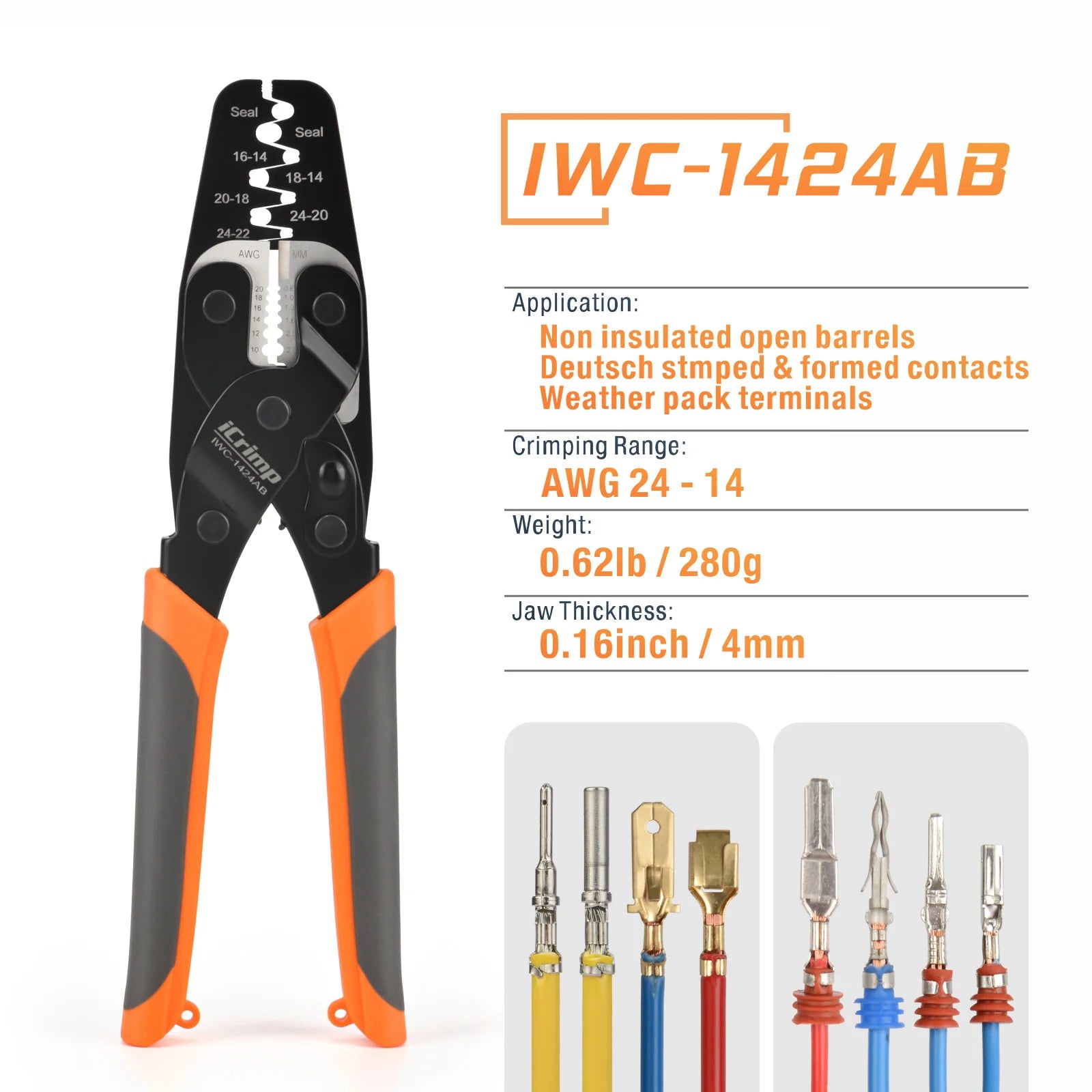 IWC 1424AB AWG24 14 Wire Crimper Tool - Weather Pack Terminals, Open Barrel Terminals, Stamped Contacts, Wire Stripper & Cutter - Perfect for Automotive, Marine & Electrical Wiring Projects