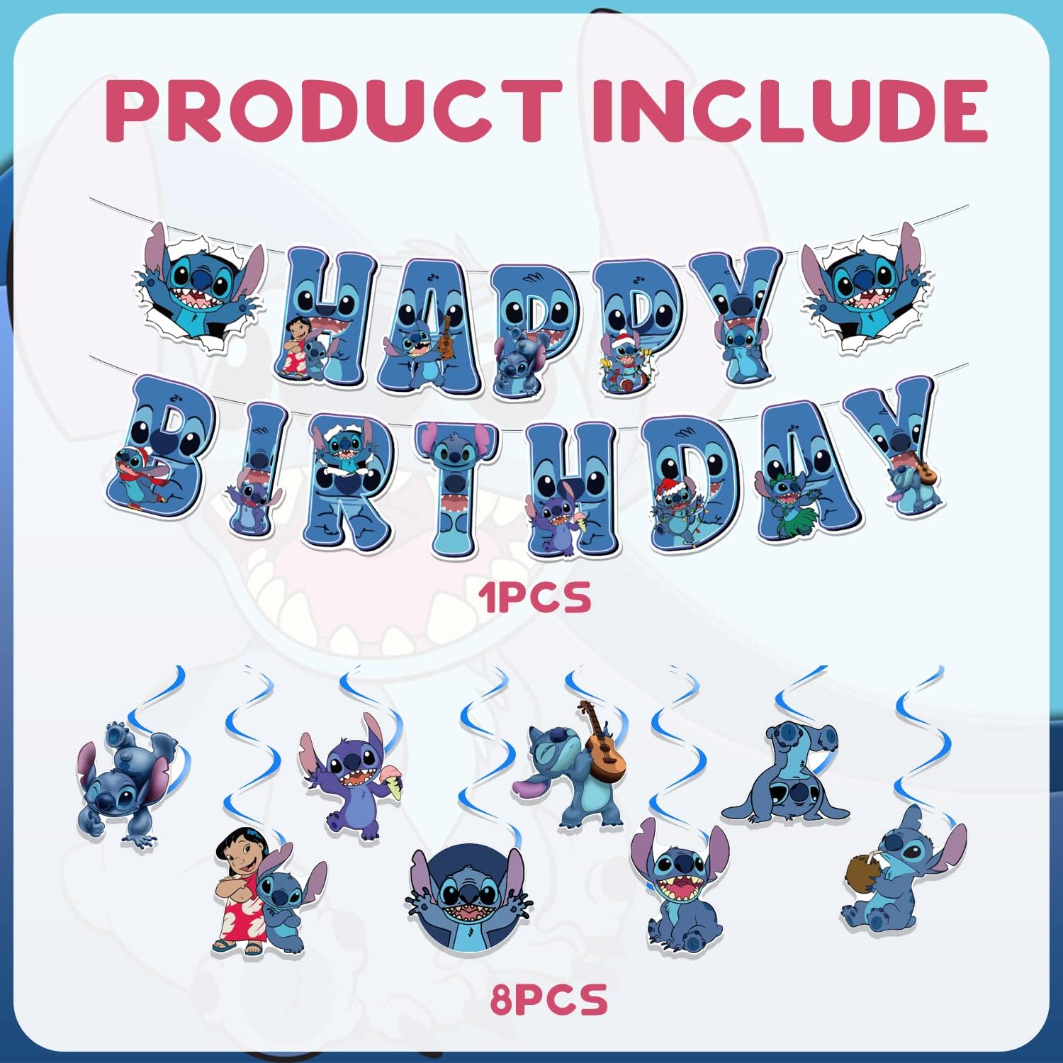 Stitch Birthday Party Decorations - Happy Birthday Banner with Hanging Swirls for Disney Lilo & Stitch Themed Parties | Perfect for Kids Birthday Decor, Baby Showers & Disney Themed Events