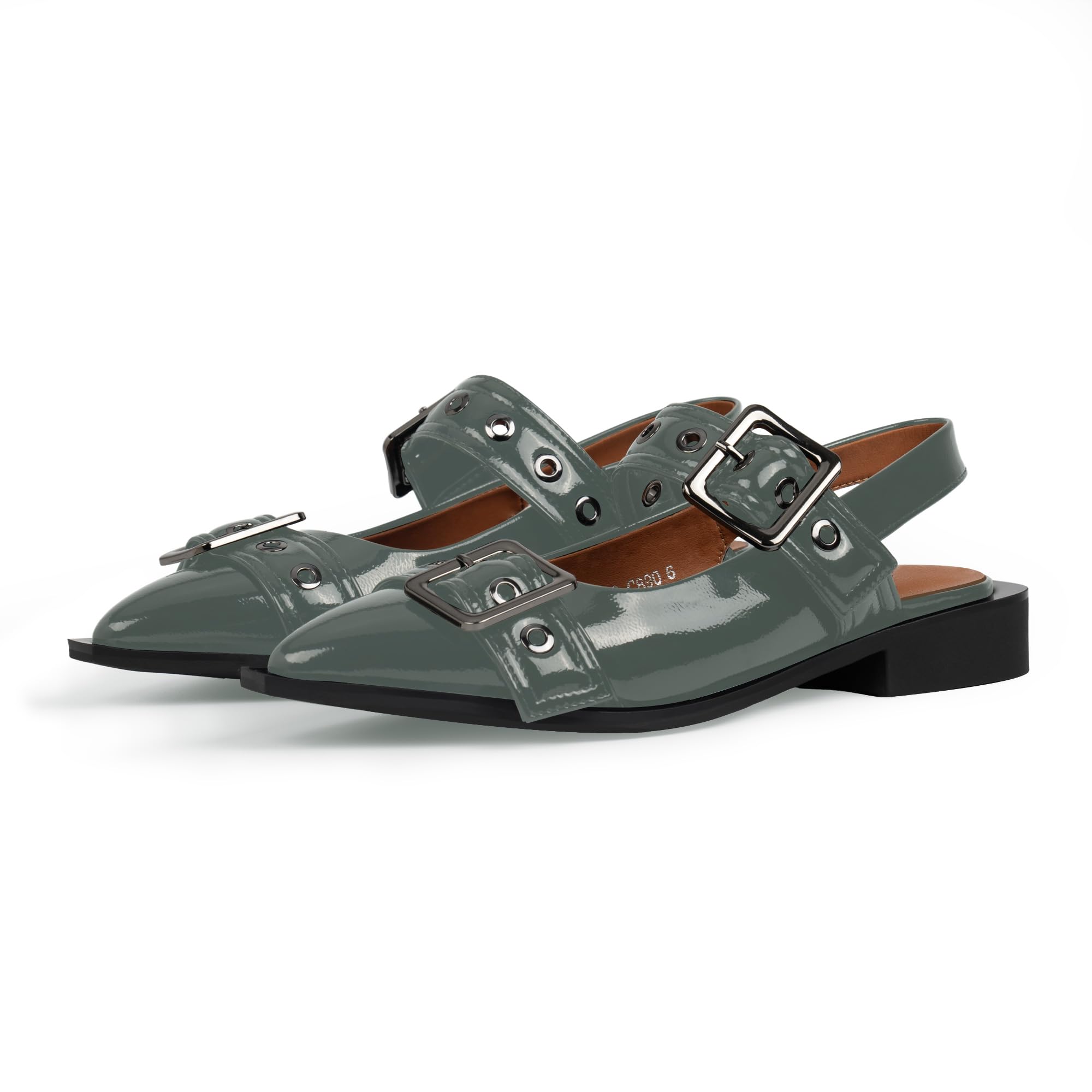 Women's Comfortable Buckle Ballet Flats - Pointed Toe Slingback Shoes with Low Chunky Heel & Patent Leather - Perfect for Parties, Weddings & Office Wear