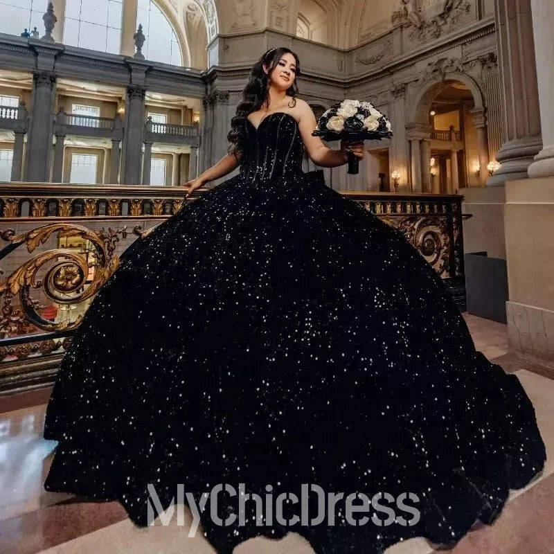 Sparkly Black Sweet 15 Dress for Quinceañera - Plus Size Sequined Party Gown for Teen Girls | Perfect for Birthday Celebrations, Formal Dances & Special Occasions