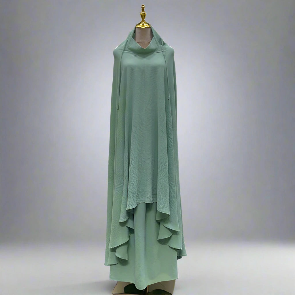 Ramadan Muslim Women's 2-Piece Satin Prayer Dress Set - Long Robe & Skirt Jilbab for Eid, Prayer & Home Wear