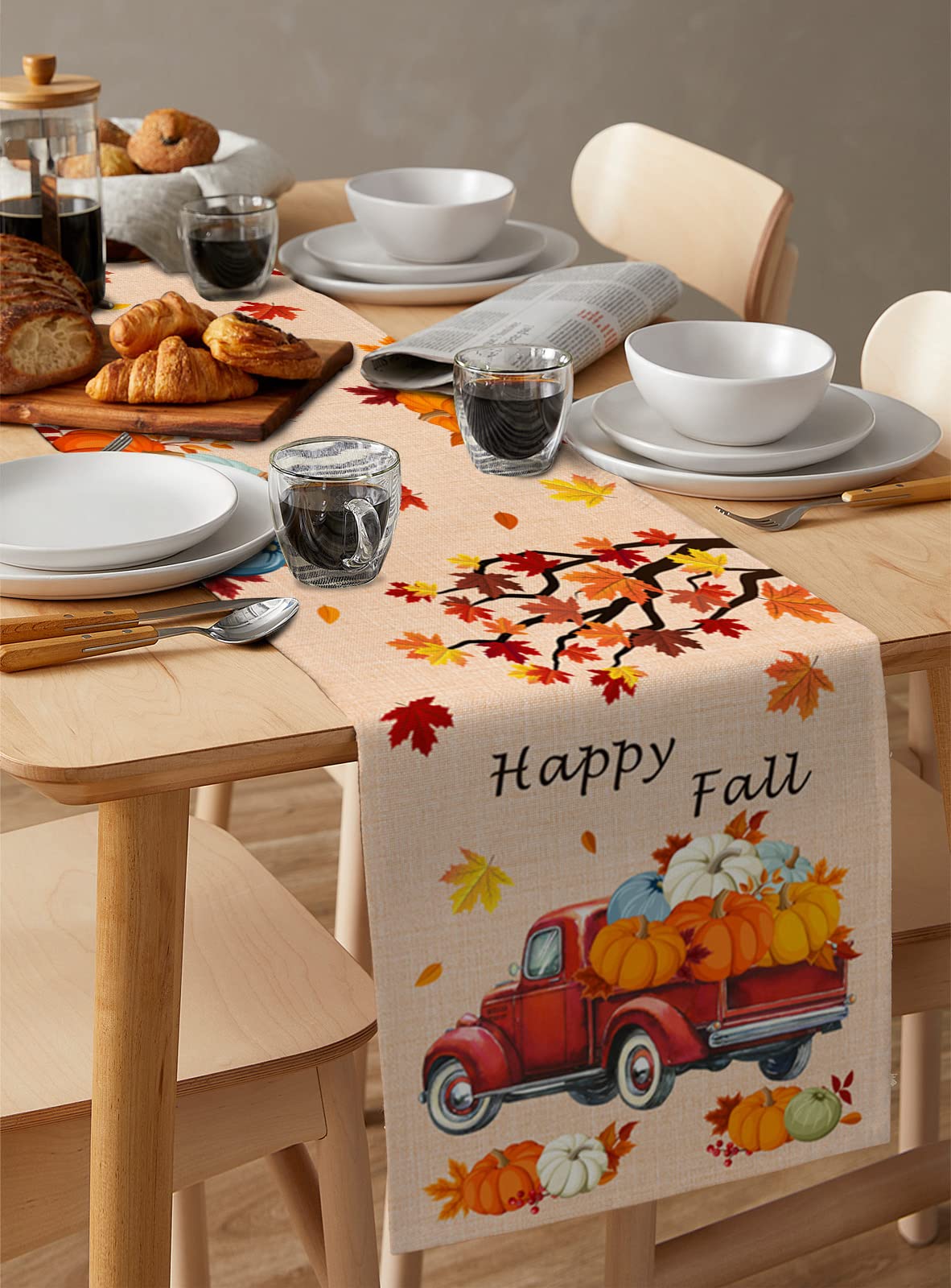 Thanksgiving Truck Fall Pumpkin Maple Leaves Table Runner - 13x70 Inches Long Washable Orange Autumn Decor for Round, Kitchen, Coffee & Dining Tables - Perfect for Holiday Gatherings & Cozy Home Decor