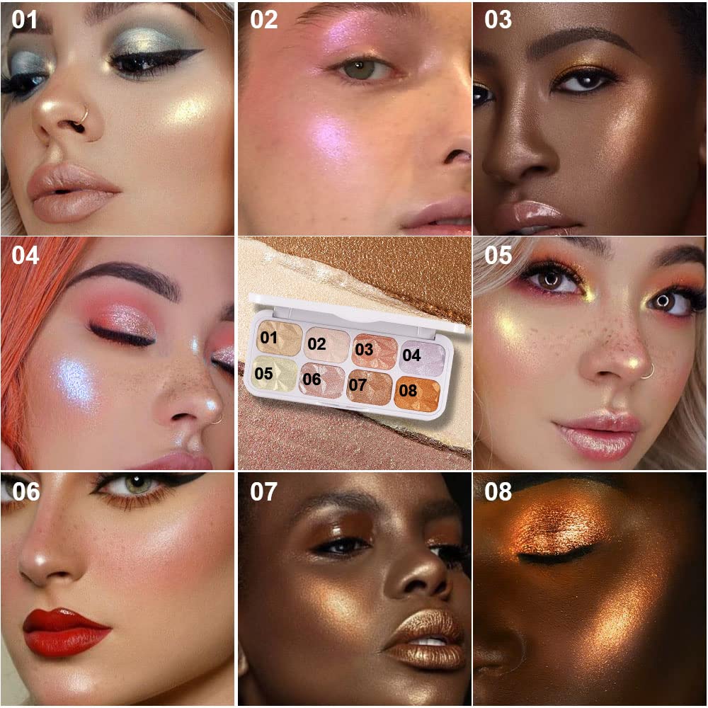 8 Colors Professional Highlighter Makeup Palette - Face Highlighters & Luminizers with Gold Cheek Diamond Shimmer Stick, Glitter Contour Bronzer | Perfect for Contouring, Highlighting & Glowing Makeup Looks for Parties, Photos & Special Occasions