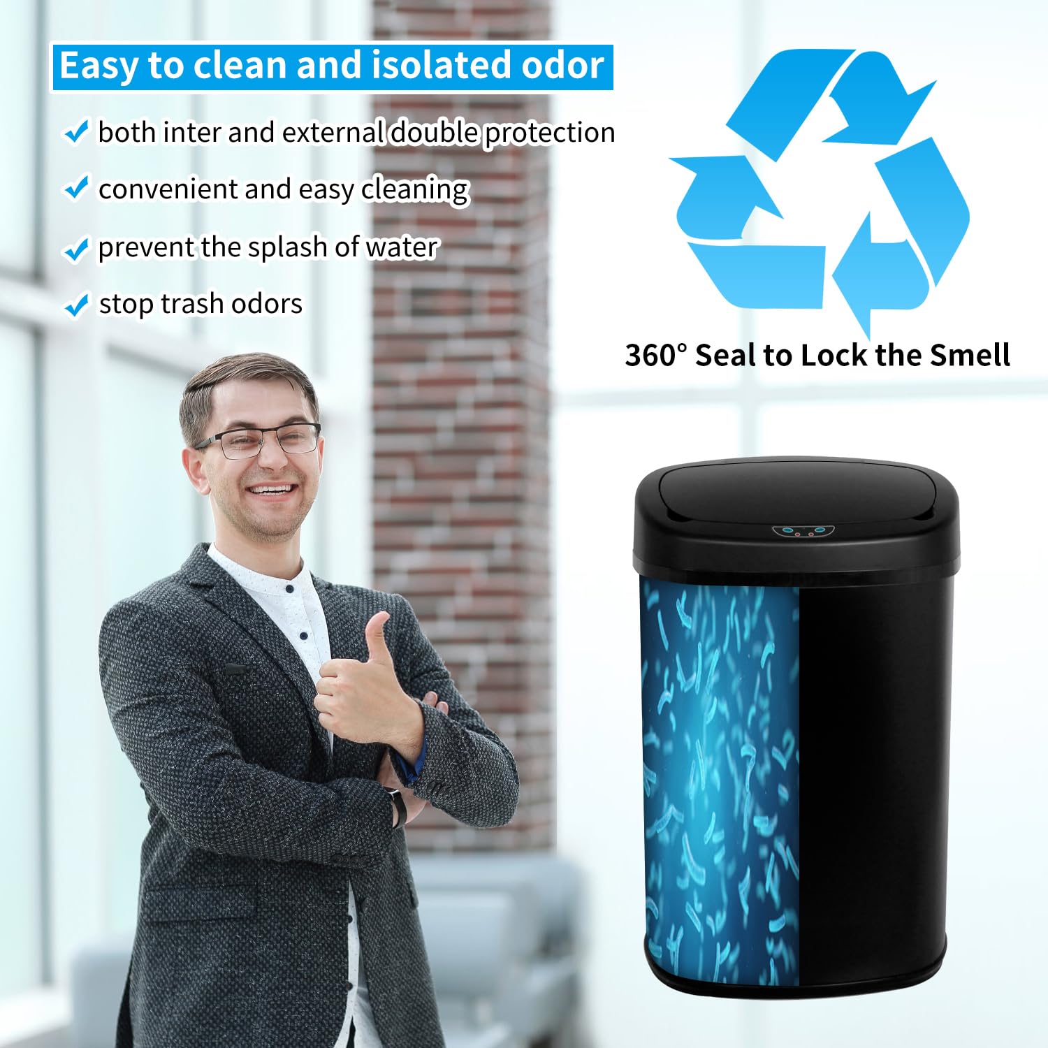 BLKMTY 13-Gallon Stainless Steel Automatic Trash Can with Motion Sensor - 50L Touch-Free Garbage Bin with Lid for Kitchen, Office & Bathroom - Sleek Black Metal Waste Bin for Hands-Free Disposal & Hygiene
