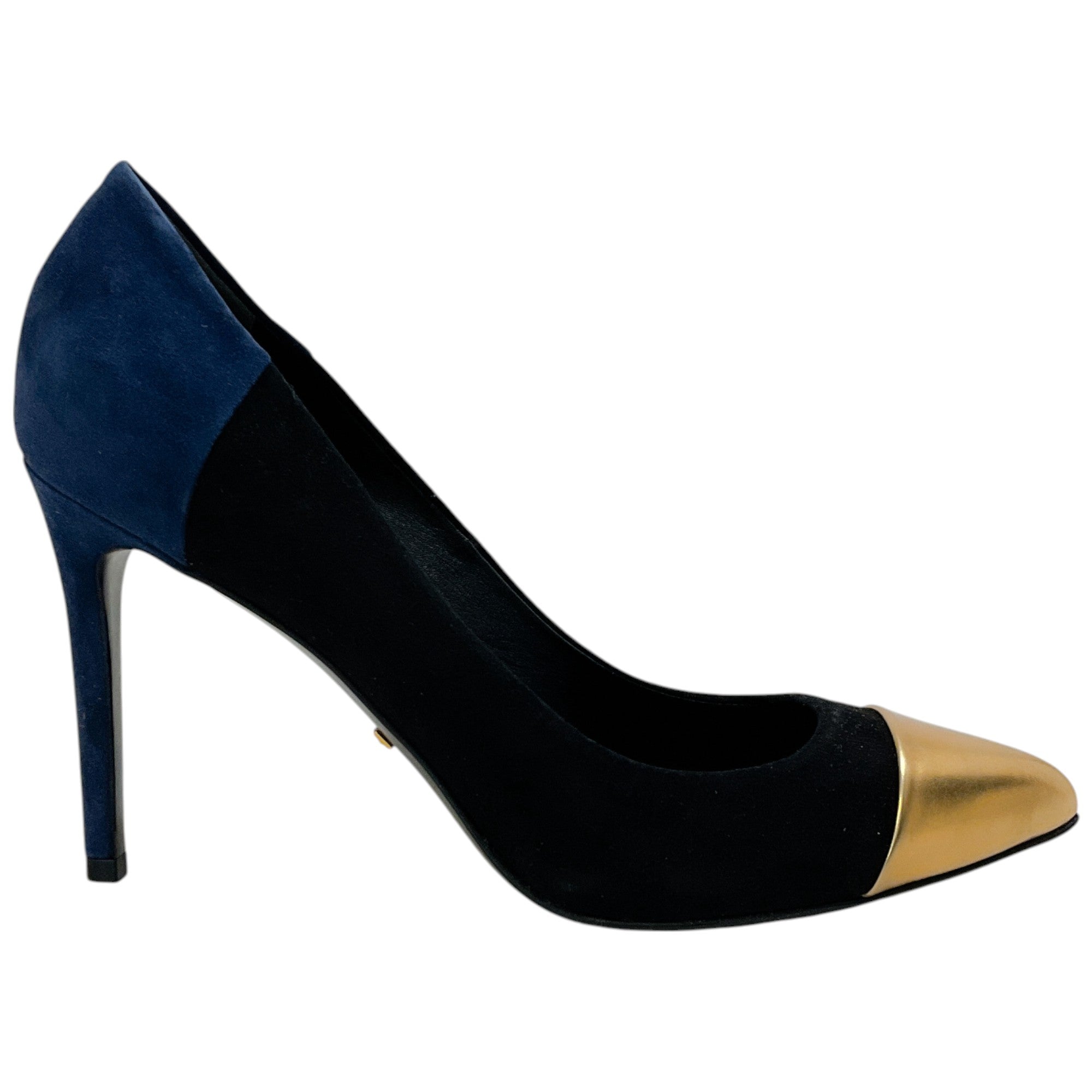 Gucci Black & Navy Suede Pumps with Gold Leather Cap Toe - Women's Luxury Dress Shoes for Parties, Weddings & Formal Events
