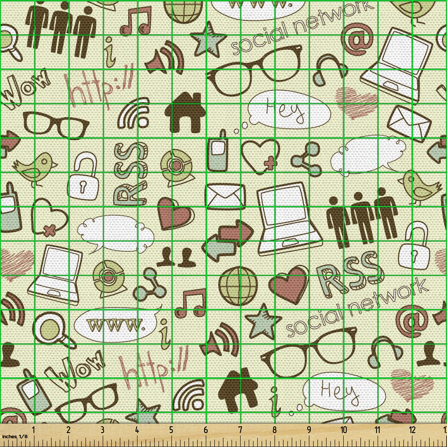 Ambesonne Geek Fabric by The Yard - IT Themed Computer Laptop Glasses & Social Network Print - 10 Yards Pale Green Upholstery Fabric for DIY Home Decor, Curtains, Pillows & Craft Projects