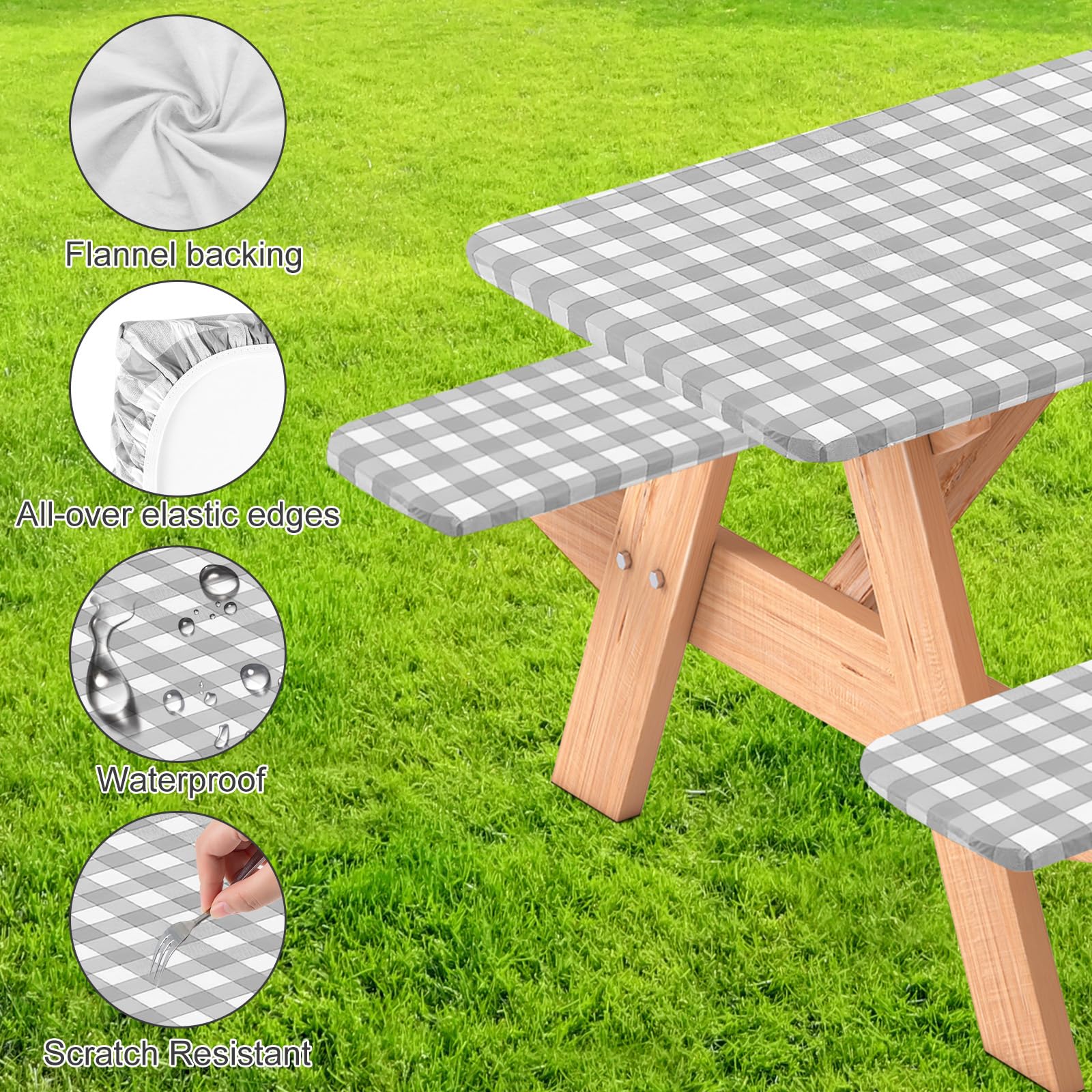 3-Piece Vinyl Picnic Table Cover Set with Flannel Backing - Fits 6ft Tables (30 x 72 Inches) - Includes Bench Covers - Waterproof & Durable for Outdoor Camping, Backyard BBQs, and Picnics (Gray Checked Pattern)