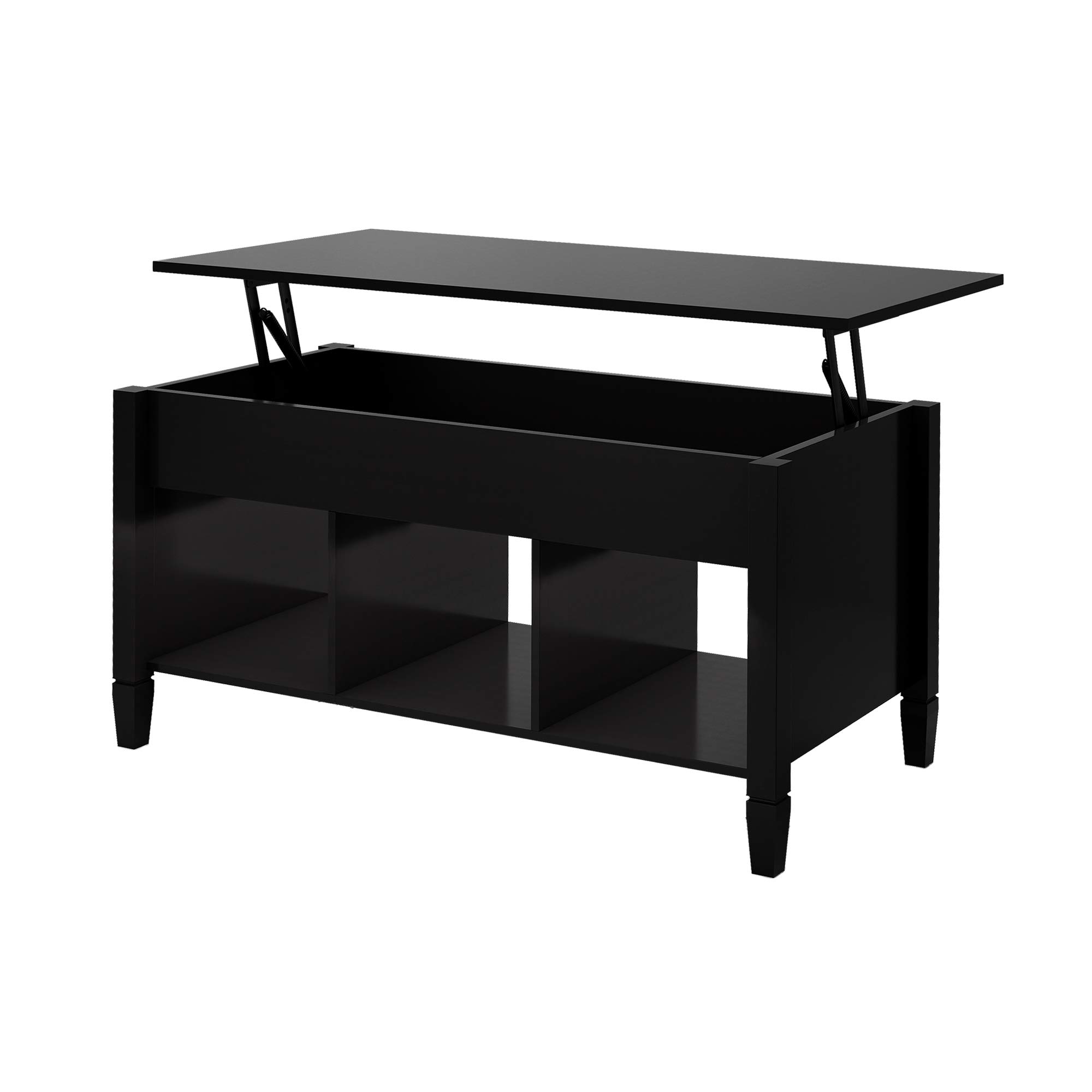 Modern Lift Top Coffee Table with Storage - Solid Wood Convertible Hidden Desk & 3 Open Shelves - Space-Saving Living Room Furniture for Small Apartments, Home Office & Reception Areas (Black)