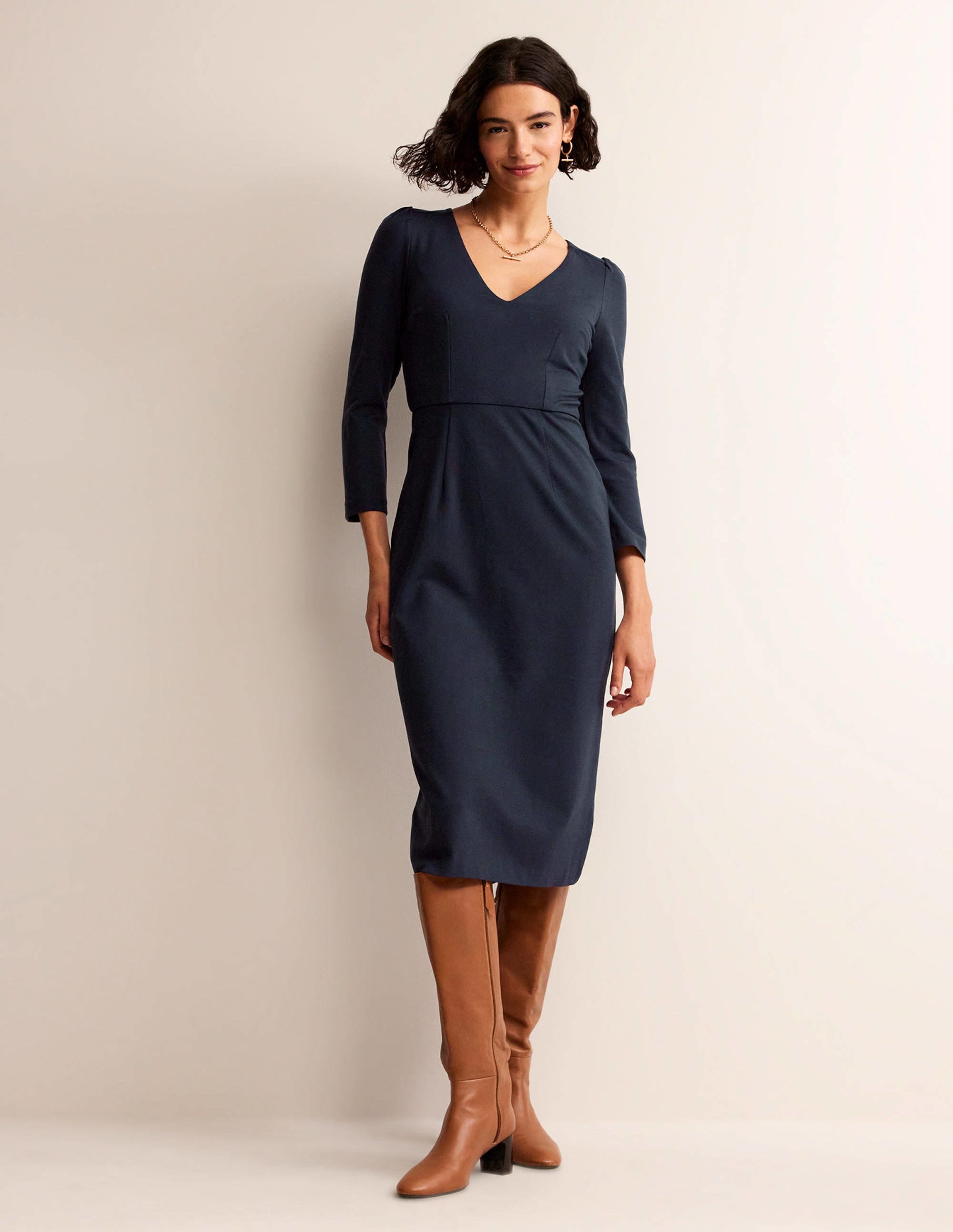 Bethany Ponte Midi Dress in Navy Blue - Elegant Office Wear & Casual Summer Dress for Women